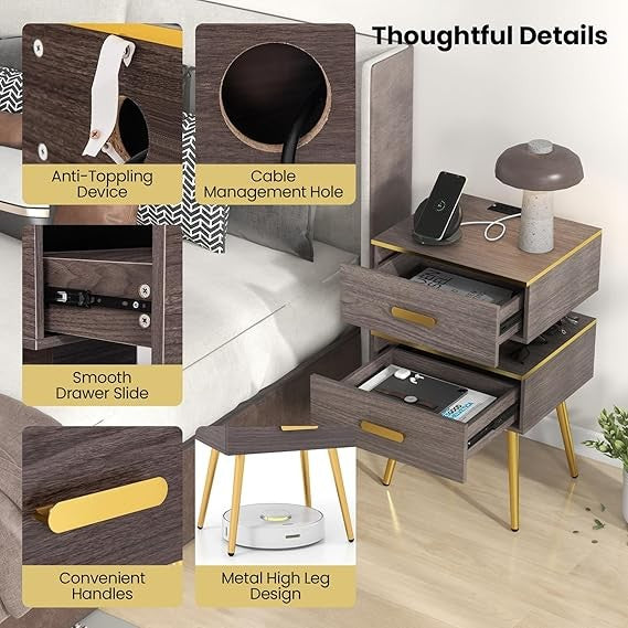2x LED Smart Bedside Tables with Charging Station | 2-Drawer Modern Nightstands