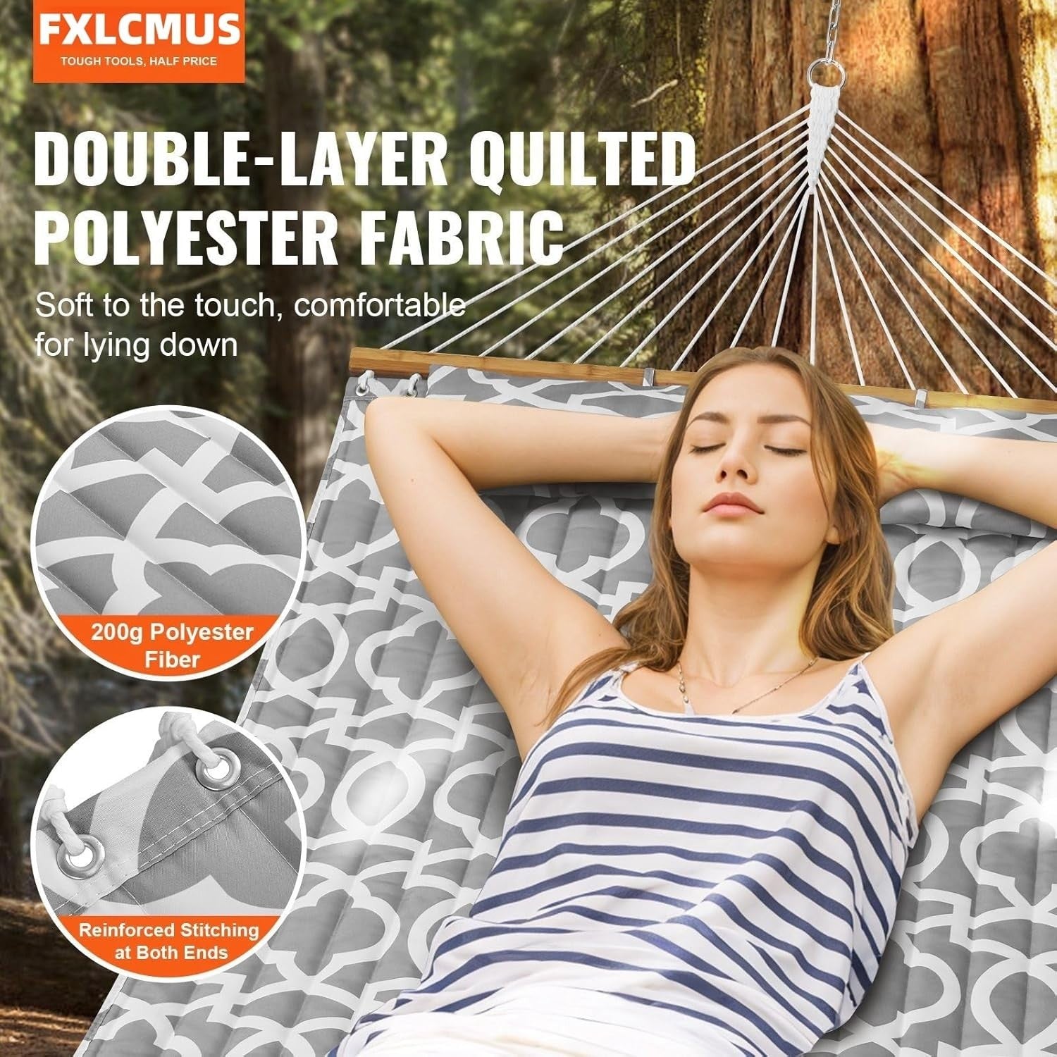 Luxury Double Hammock with Pillow – Quilted Fabric, Hardwood Spreaders, 480lb