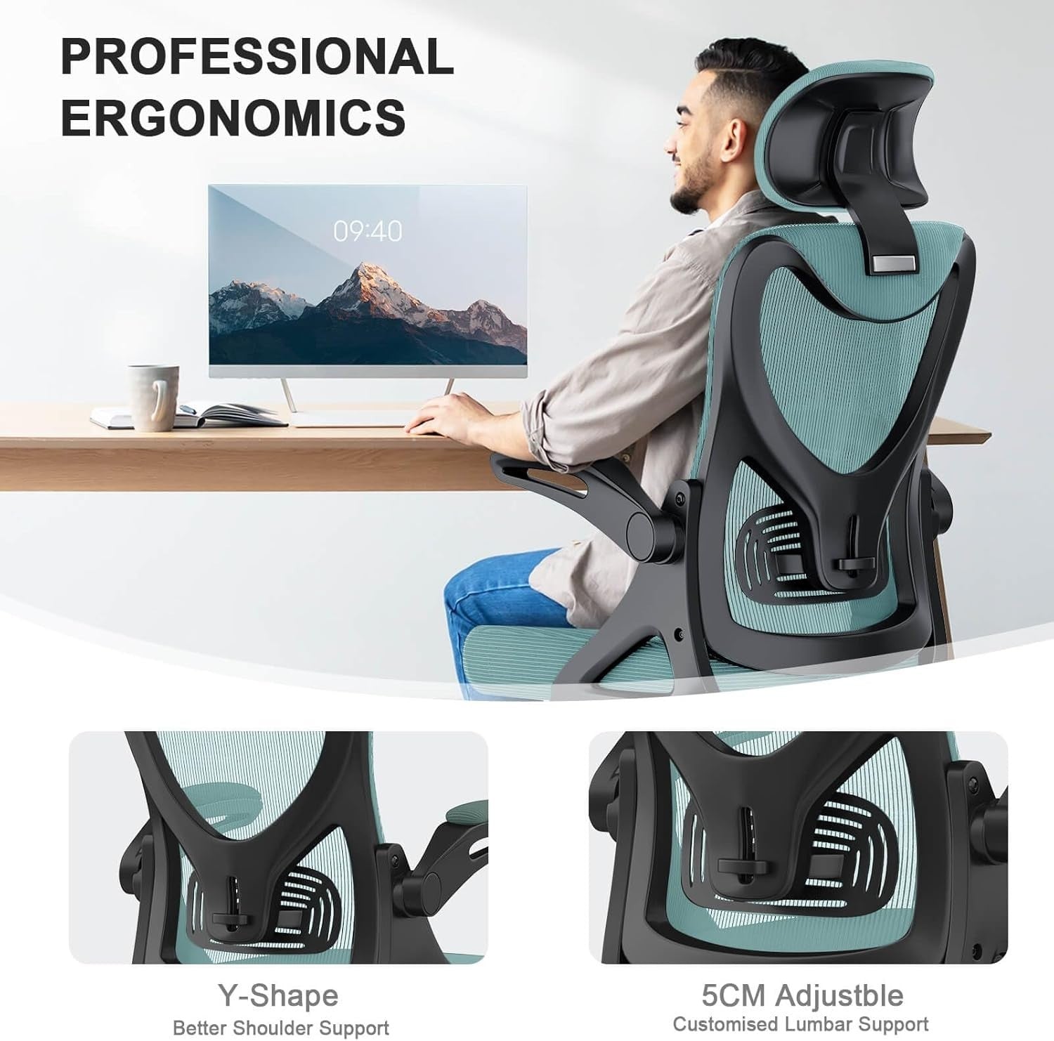 Pink Ergonomic Office Chair Mesh High Back Lumbar Support Flip-Up Arms Headrest