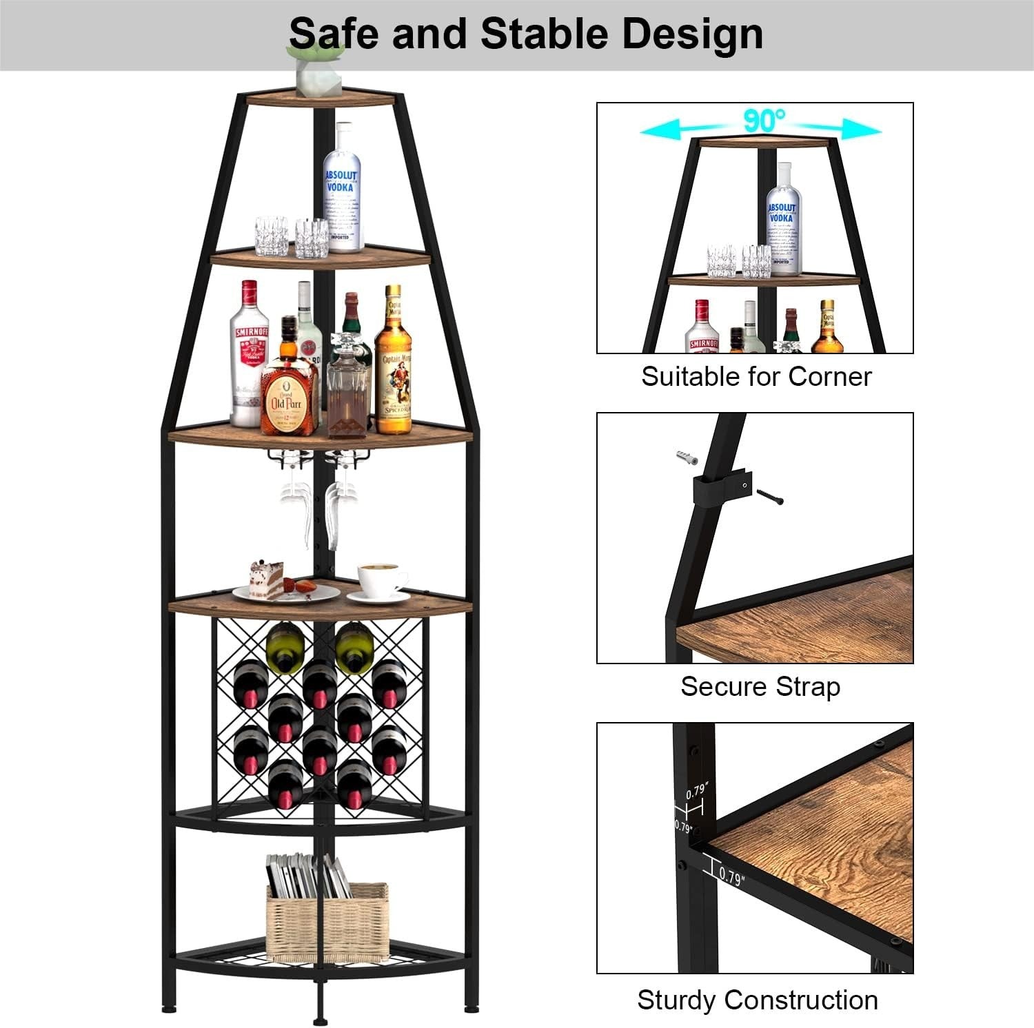 5 Tier Corner Wine Rack with LED Light | Home Bar Shelf Bottle & Glass Storage