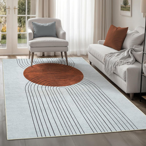 Large Washable Rug 240x330cm Modern Non-Slip Soft Area Carpet Grey Blue Circle