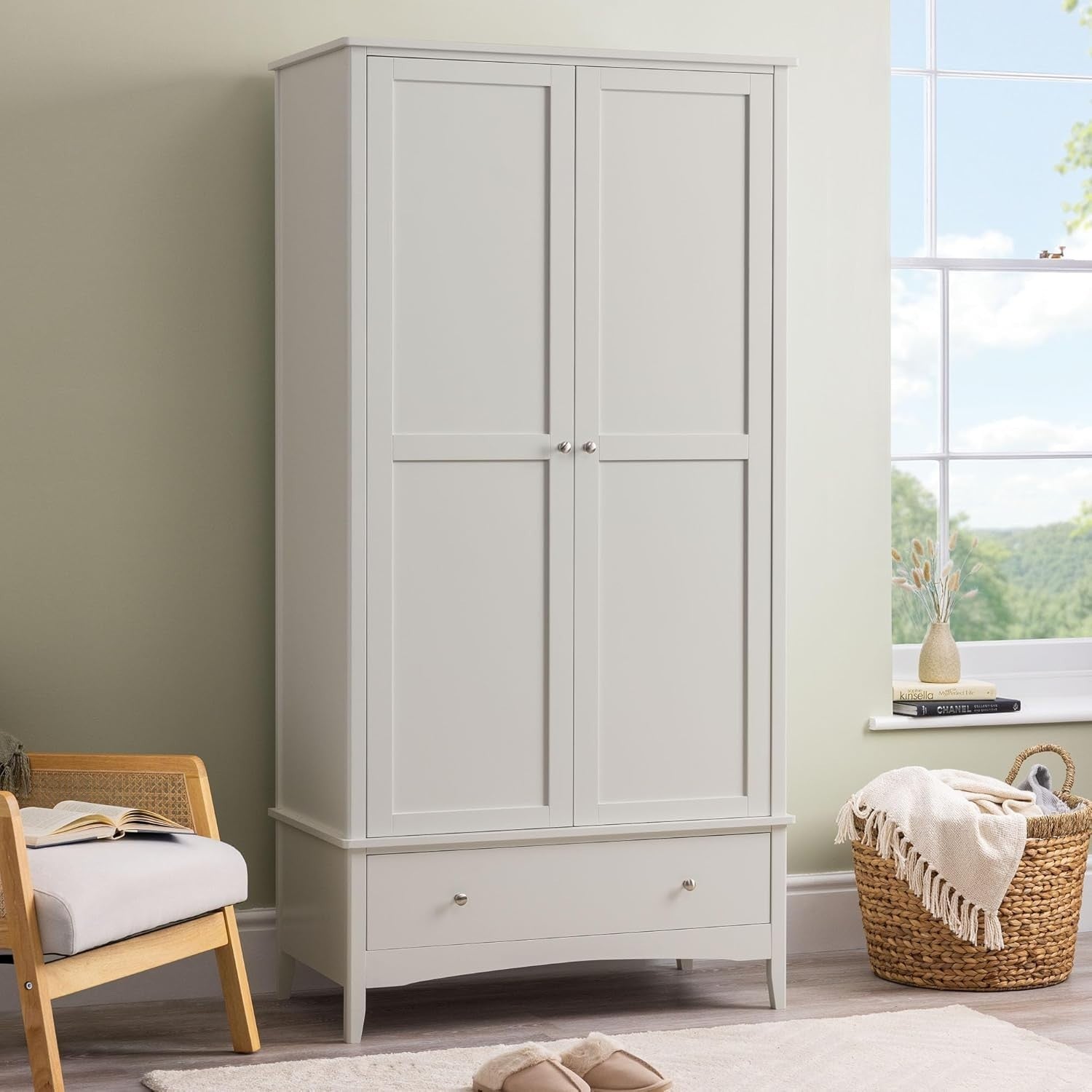 Natural Stone Double Wardrobe with Drawer | Soft Close Doors | Clothes Rail