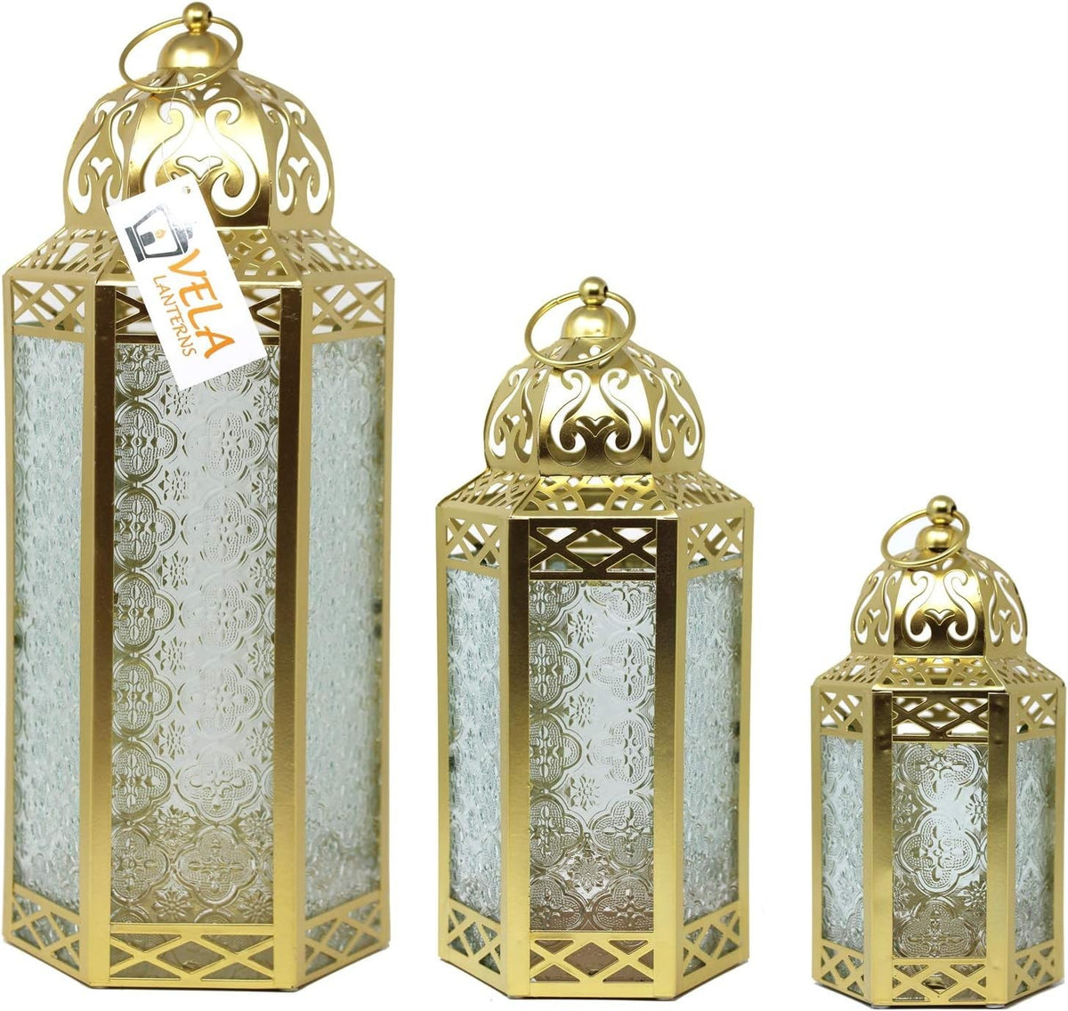 Set of 3 Gold Moroccan Candle Lanterns Home Decor