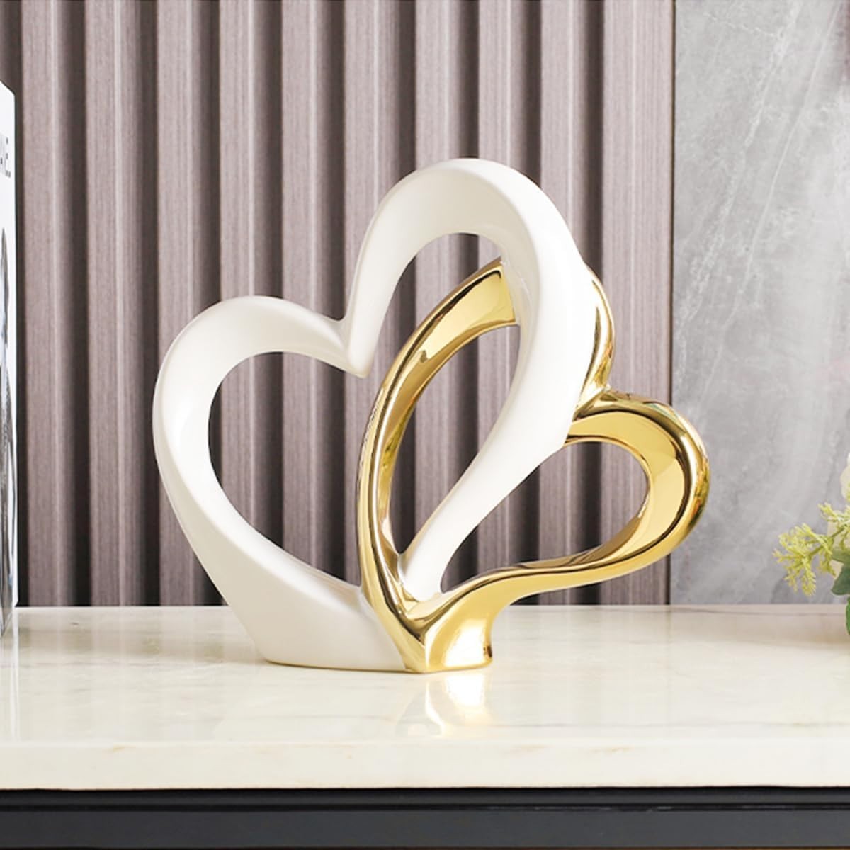 White Gold Double Heart Ceramic Sculpture Modern Luxury Home Decor Ornament Gift