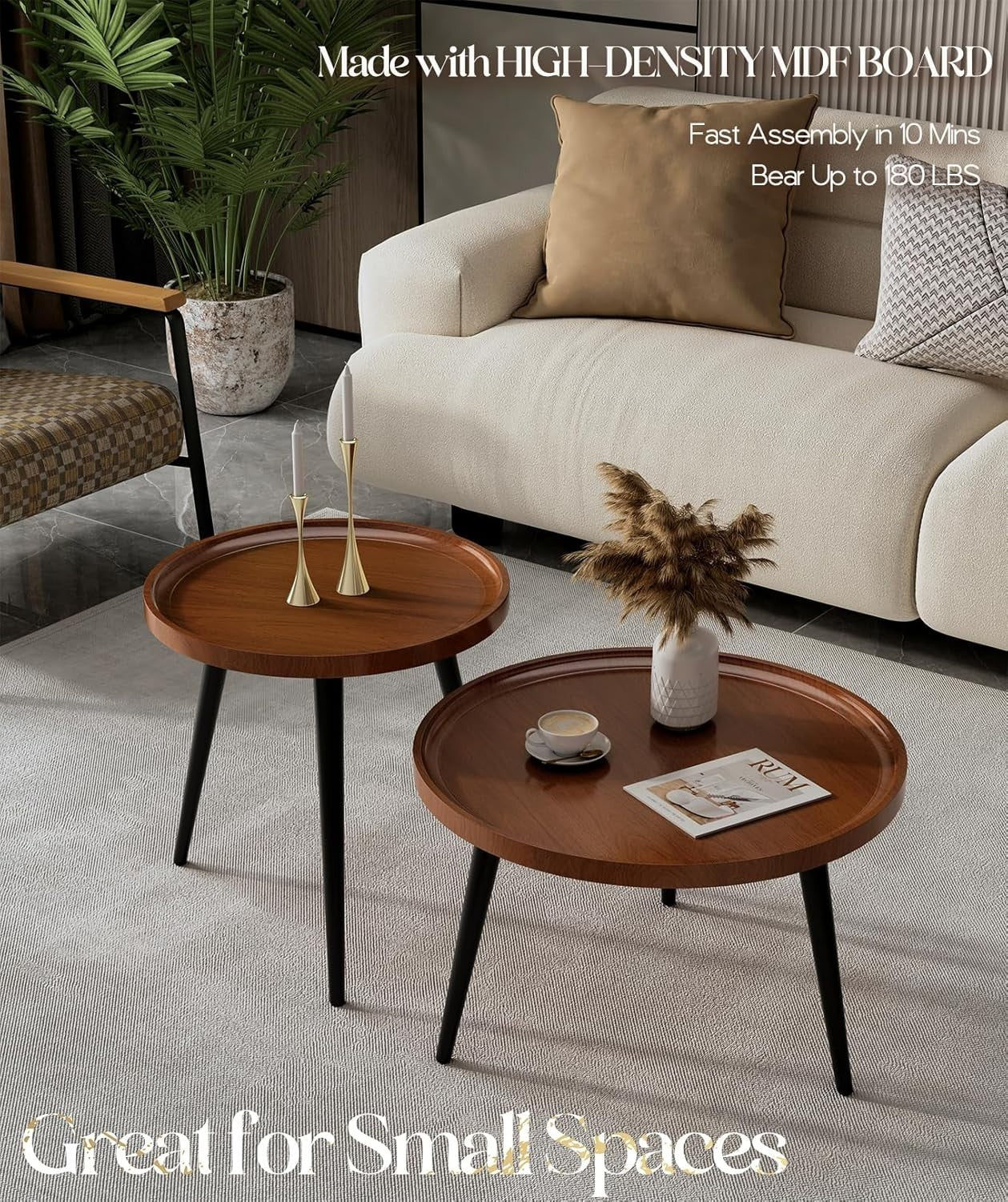 Walnut Nesting Coffee Table Set of 2 Modern Round Side End Tables 178lbs Load