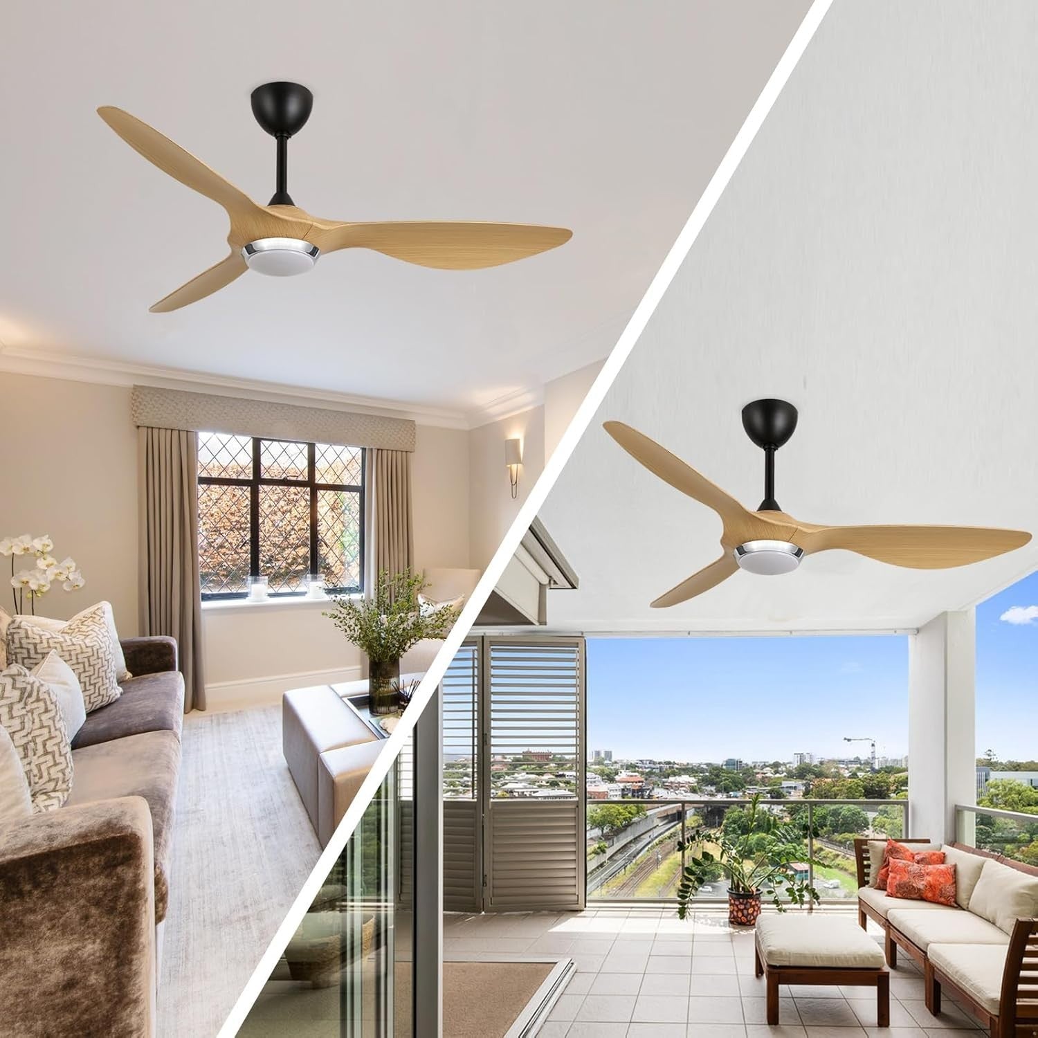 52" Ceiling Fan with Lights Natural Blades Black Motor 35W 6 Speeds