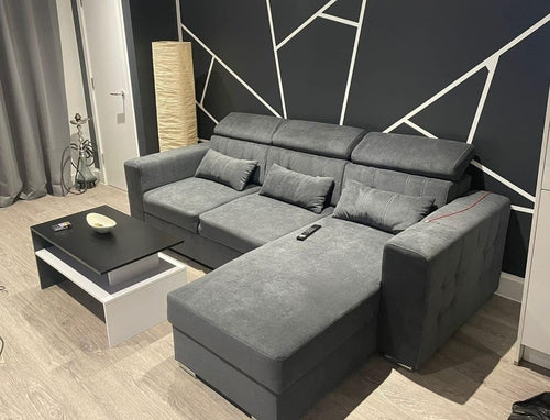 Grey L-Shaped Sofa Bed with Storage & Linen Fabric 3-Seater Sleeper Couch