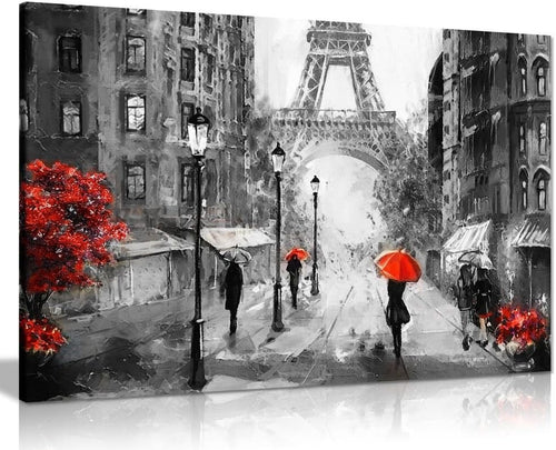 Paris Eiffel Tower Canvas Wall Art 18x12 Black White Red