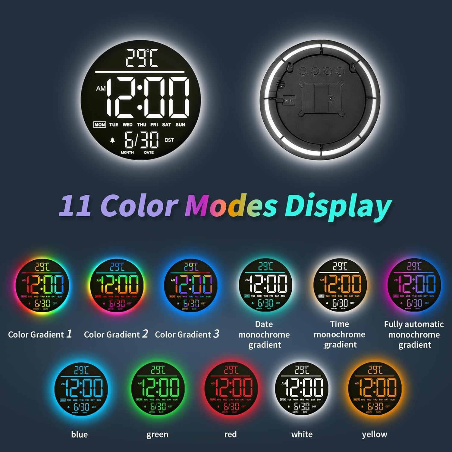 White LED Digital Wall Clock 10 Inch Remote Control Night Light Display
