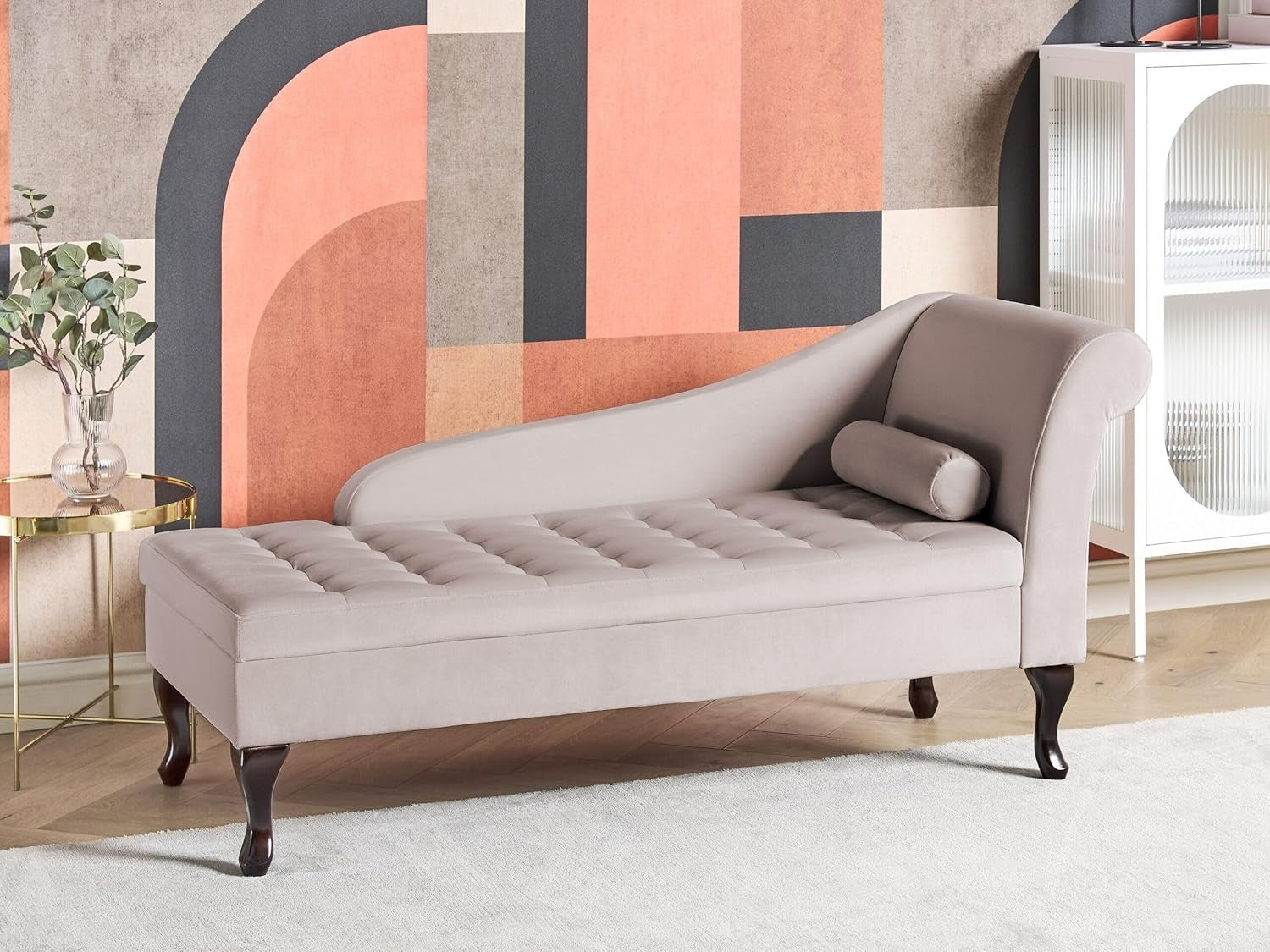 Right Hand Chaise Lounge w/ Storage Velvet Sofa Seat Beige Upholstery