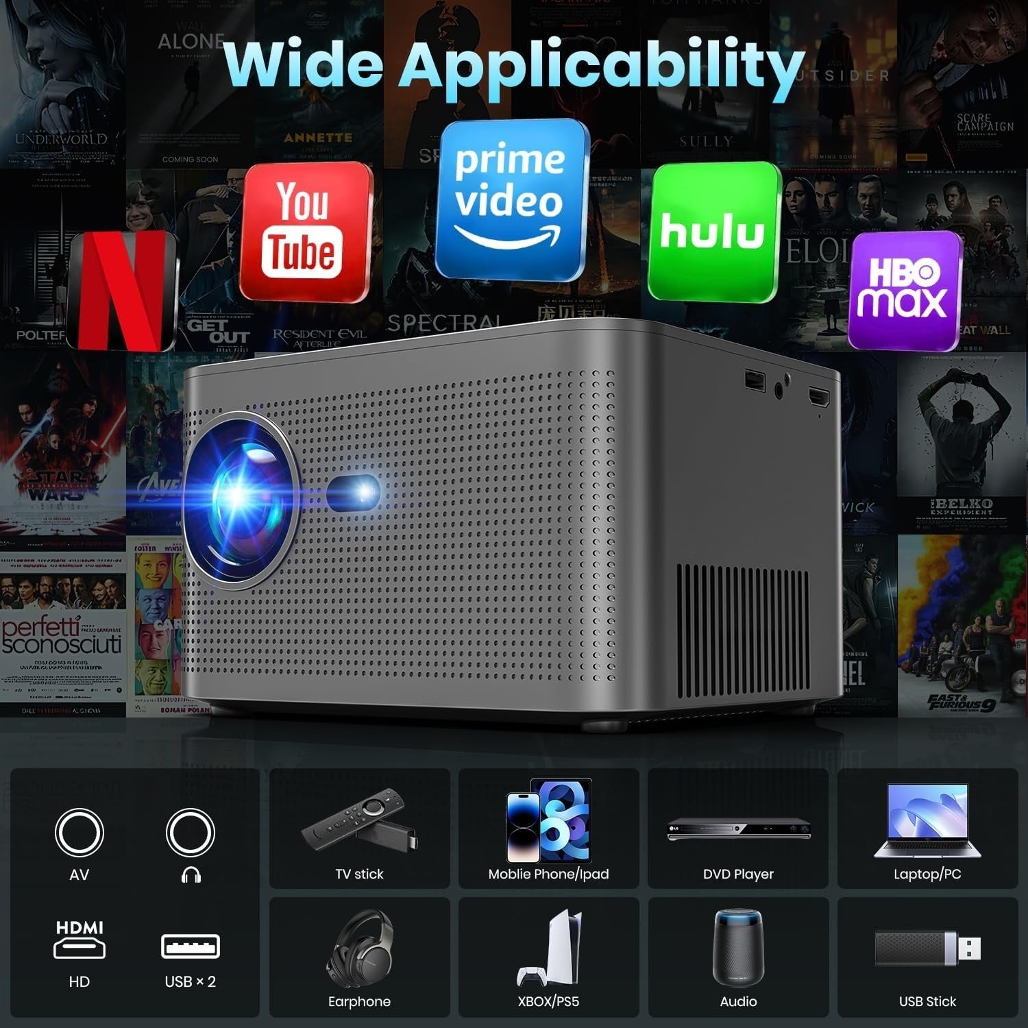 1080P Smart Projector 4K WiFi 6 Bluetooth 180° Auto Keystone Apps