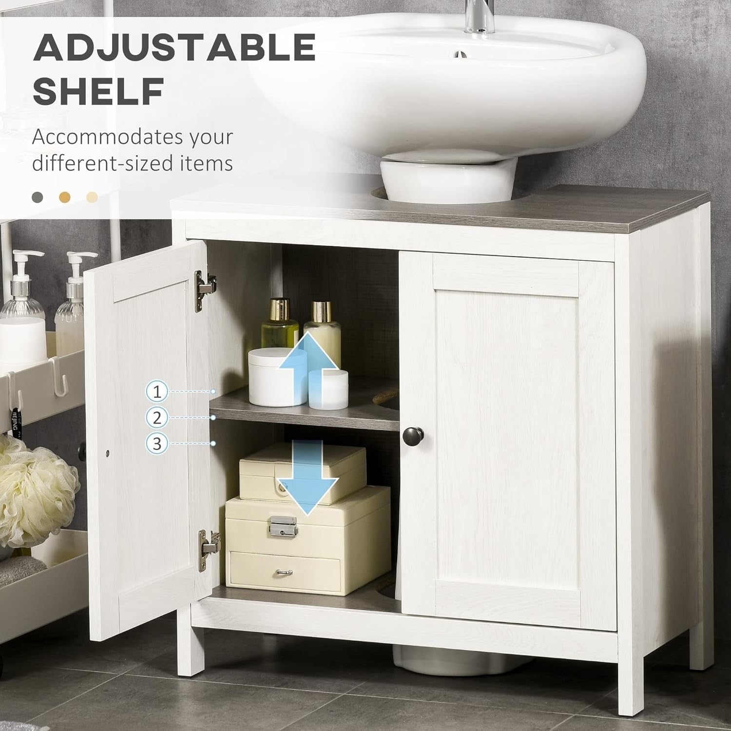 Under Sink Bathroom Cabinet Grey 60cm, Double Doors, Freestanding Storage Unit