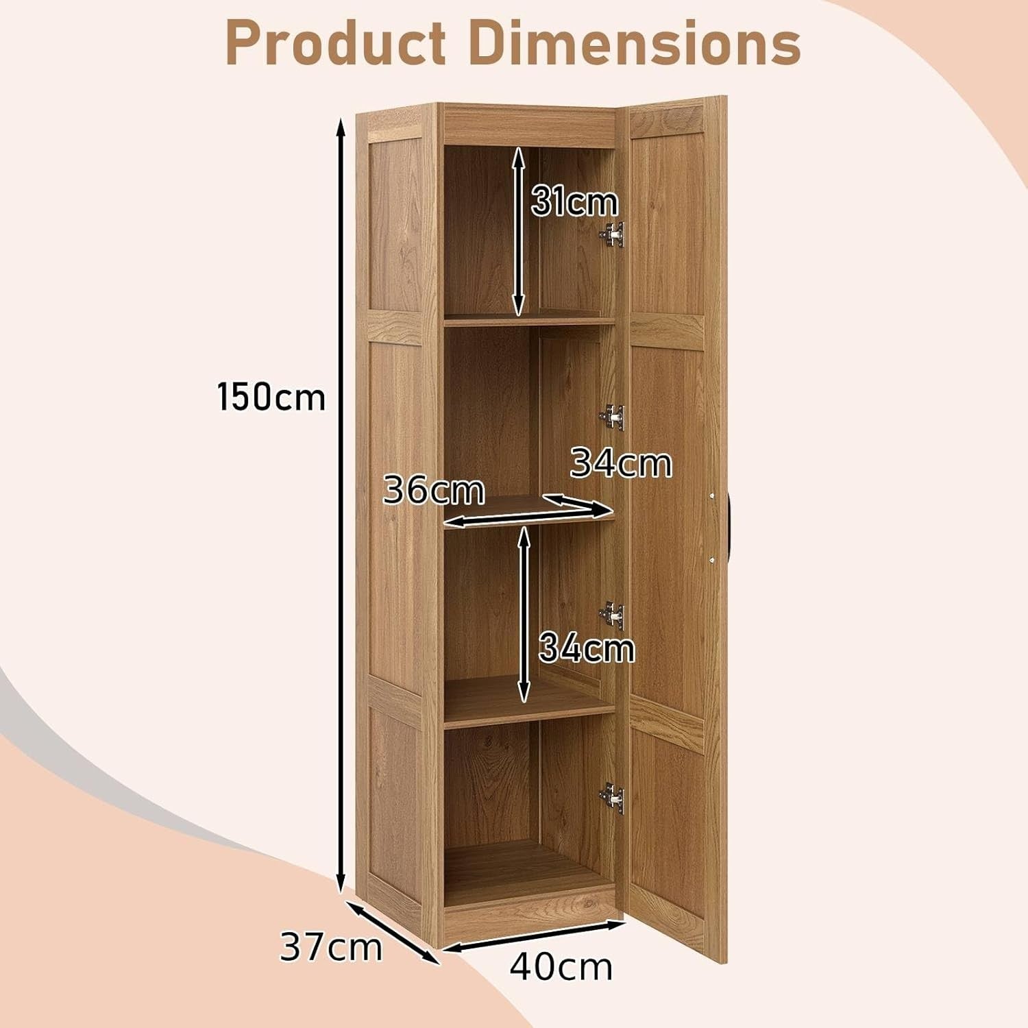 Tall Natural Wood Kitchen Cupboard 4 Tier Pantry Storage Cabinet Unit