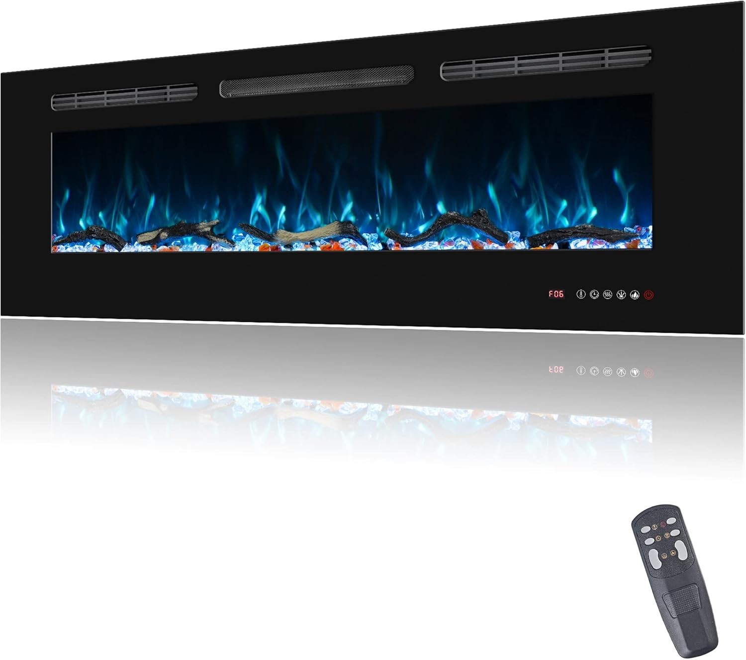 60” Wall Mounted Electric Fireplace Heater LED Flame, Remote & Timer