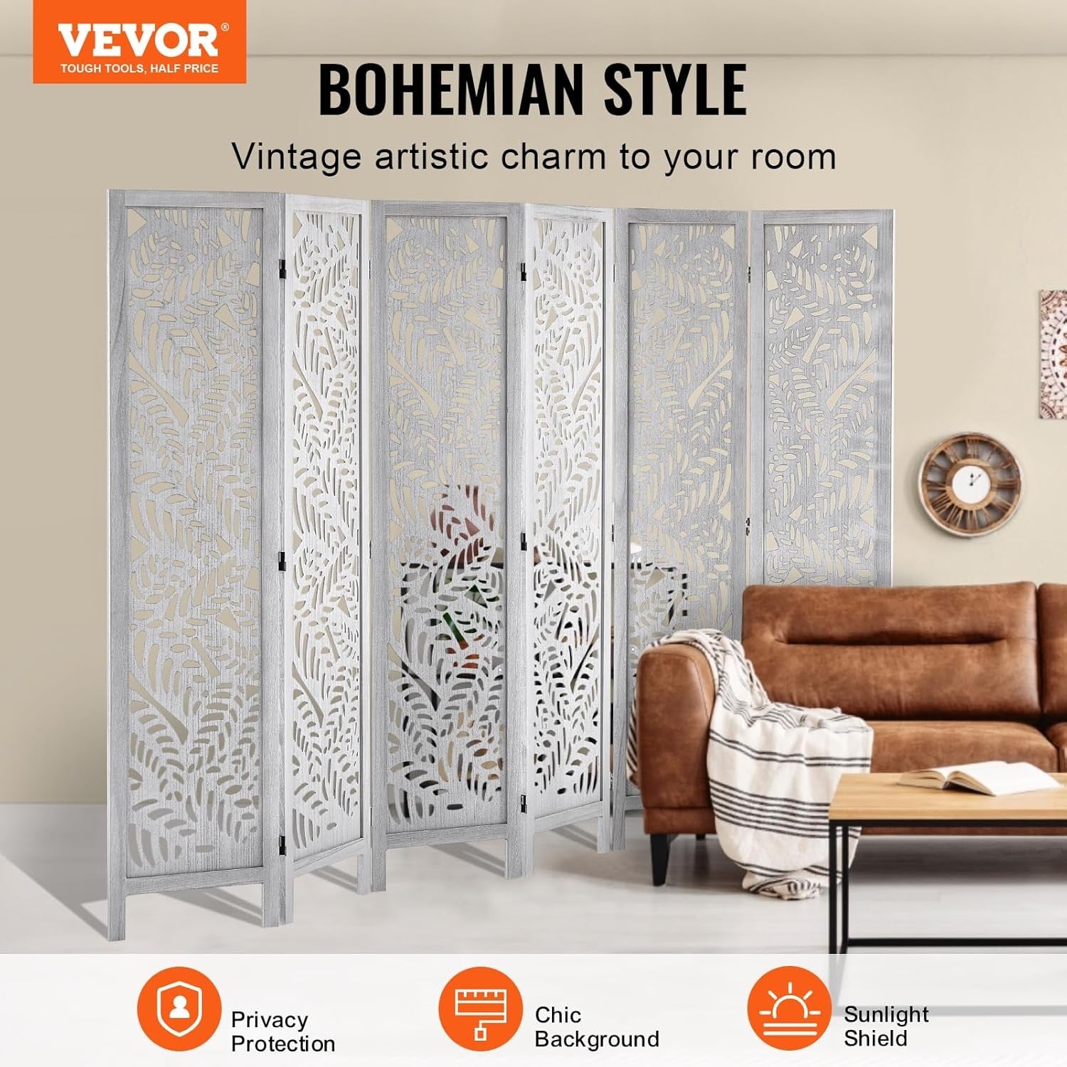 6 Panel White Folding Room Divider Carved Wood Privacy Screen 242x171cm