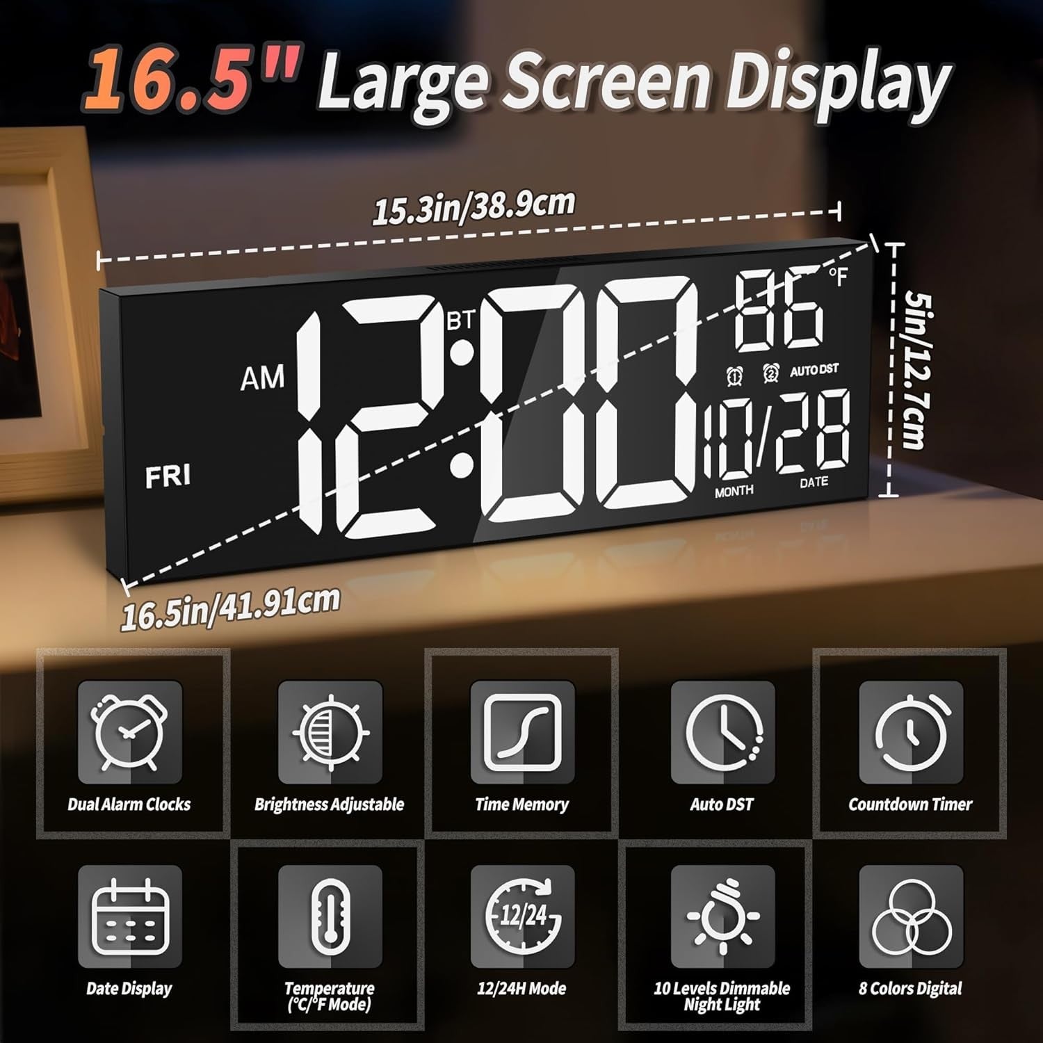 16.5" Large Digital Wall Clock LED Display Temp Date Night Light Alarm Remote