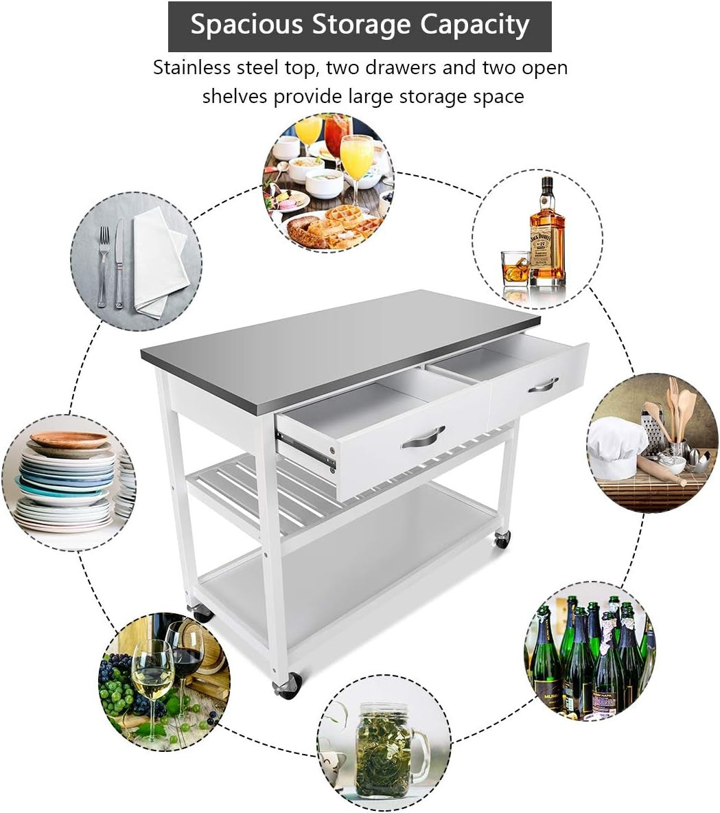 Kitchen Island Trolley on Wheels Stainless Steel Worktop Storage Cart