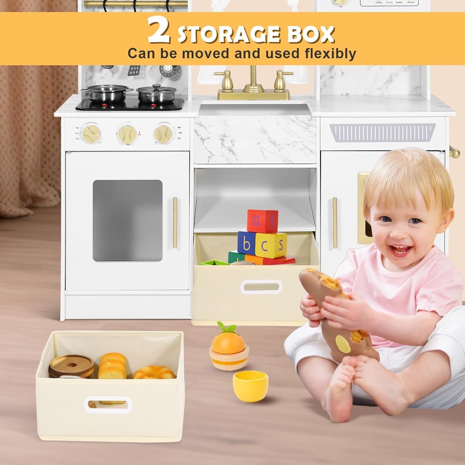 Large Wooden Kids Play Kitchen White Lights Sounds Toy Kitchen Set