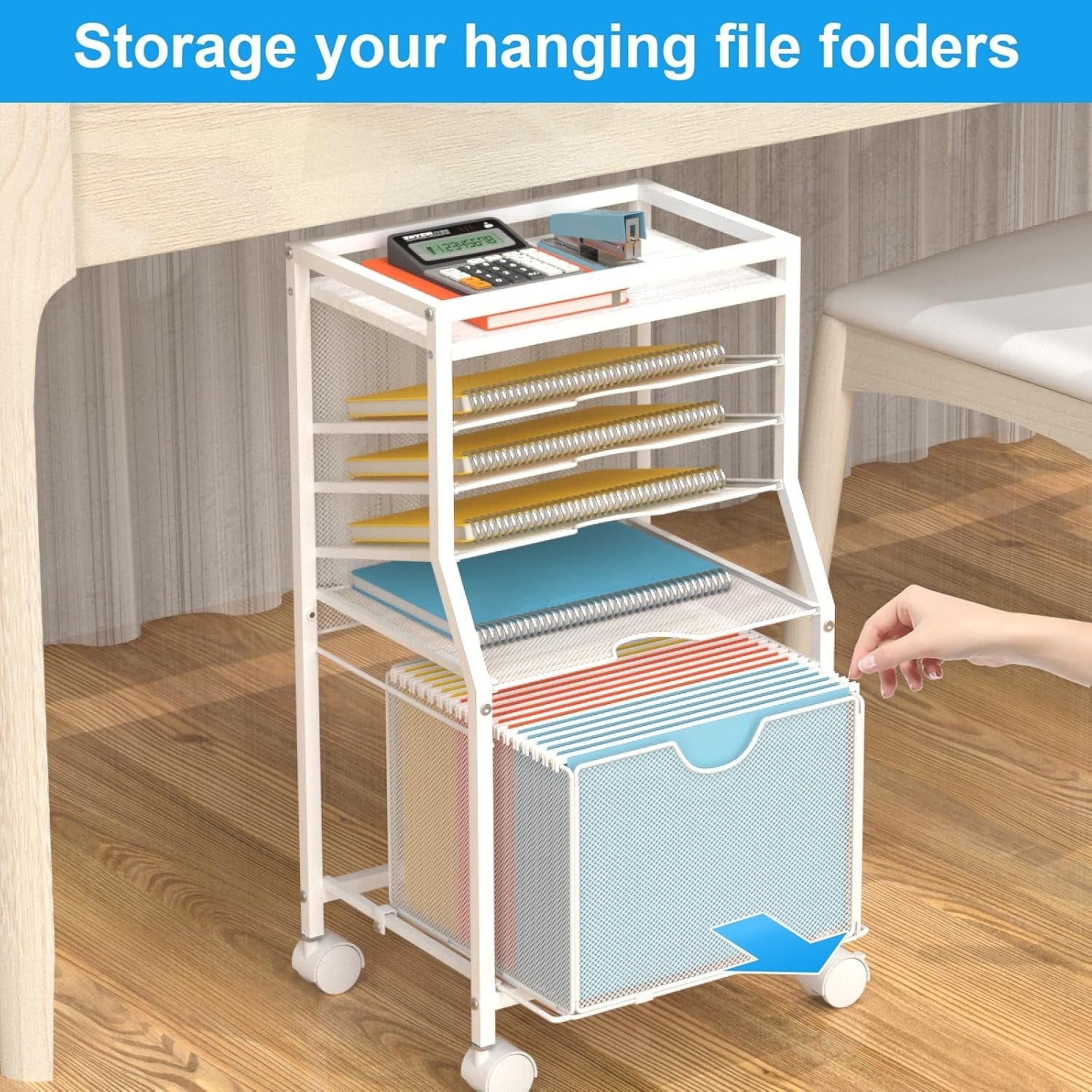 Rolling File Cart Under Desk 6 Tier Storage Organiser w Wheels White