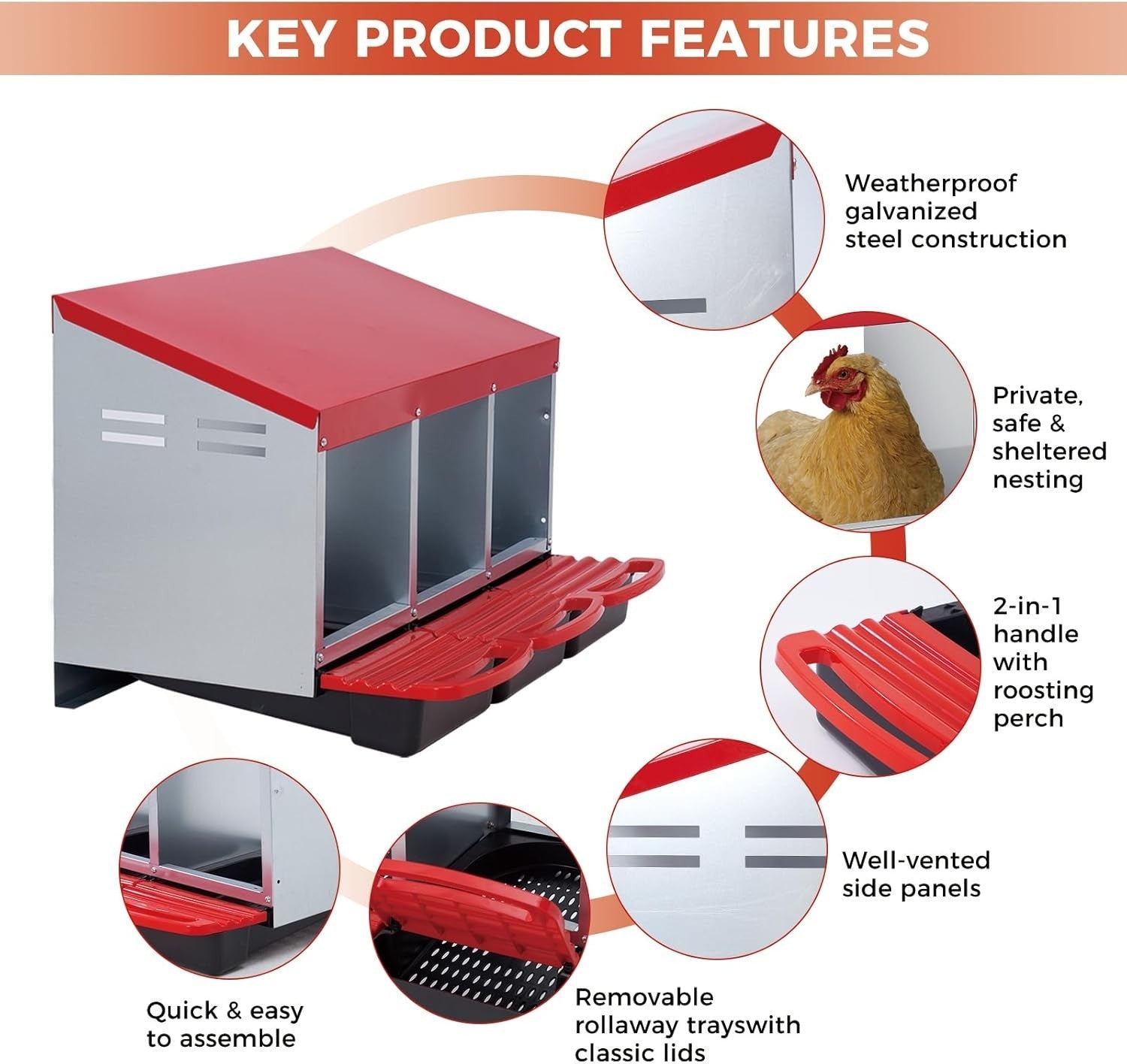 3 Chamber Galvanised Steel Chicken Nest Box Pull Out Tray Red