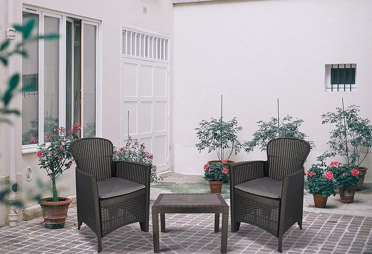 Rattan Garden Bistro Set 2 Chairs with Cushions Compact Patio Table Set