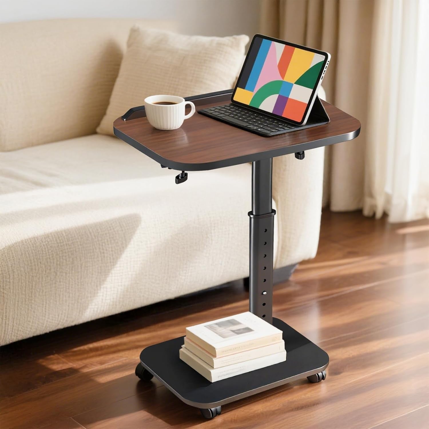 C Shaped Adjustable Sofa Side Table Laptop Desk 180° Flip Top With Wheels