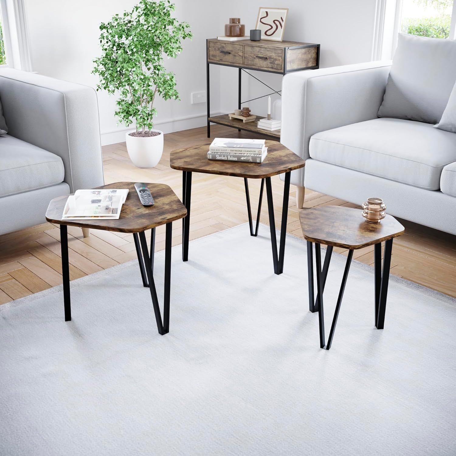 3 Nesting Coffee Tables Set Industrial Style Hexagonal Wood Metal Frame Side End