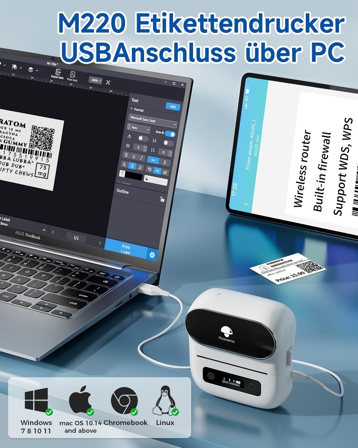 Portable Bluetooth Thermal Label Printer 3″ Wireless Barcode Maker