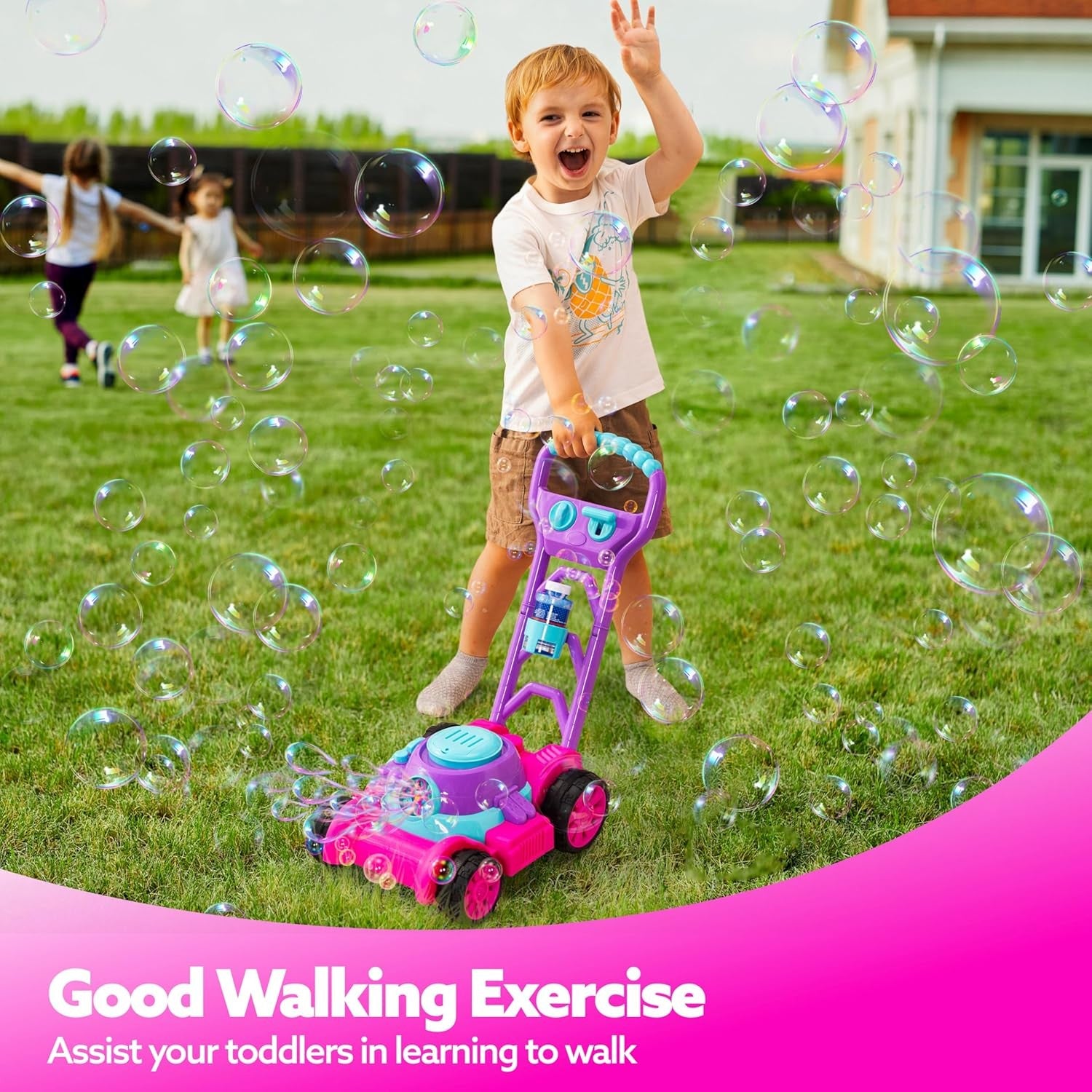 Kids Bubble Lawn Mower Push Toy Machine Pink