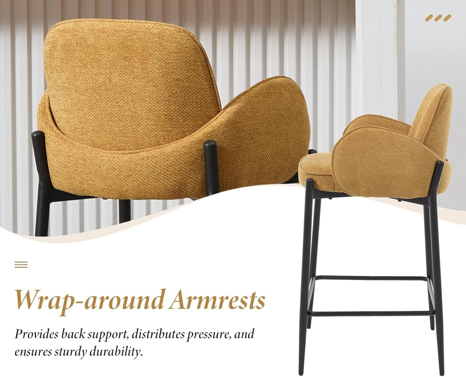 Modern Yellow Bar Stools Set of 2 | Chenille Seat, Metal Legs, Armrest