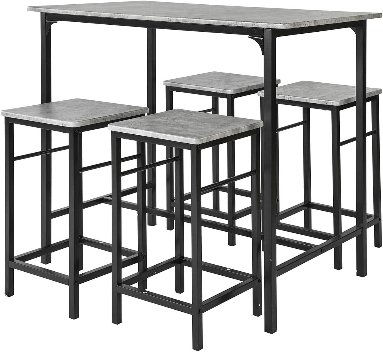 5-Piece Breakfast Bar Table Set with 4 Stools, Space Saving Dining – Black Grey