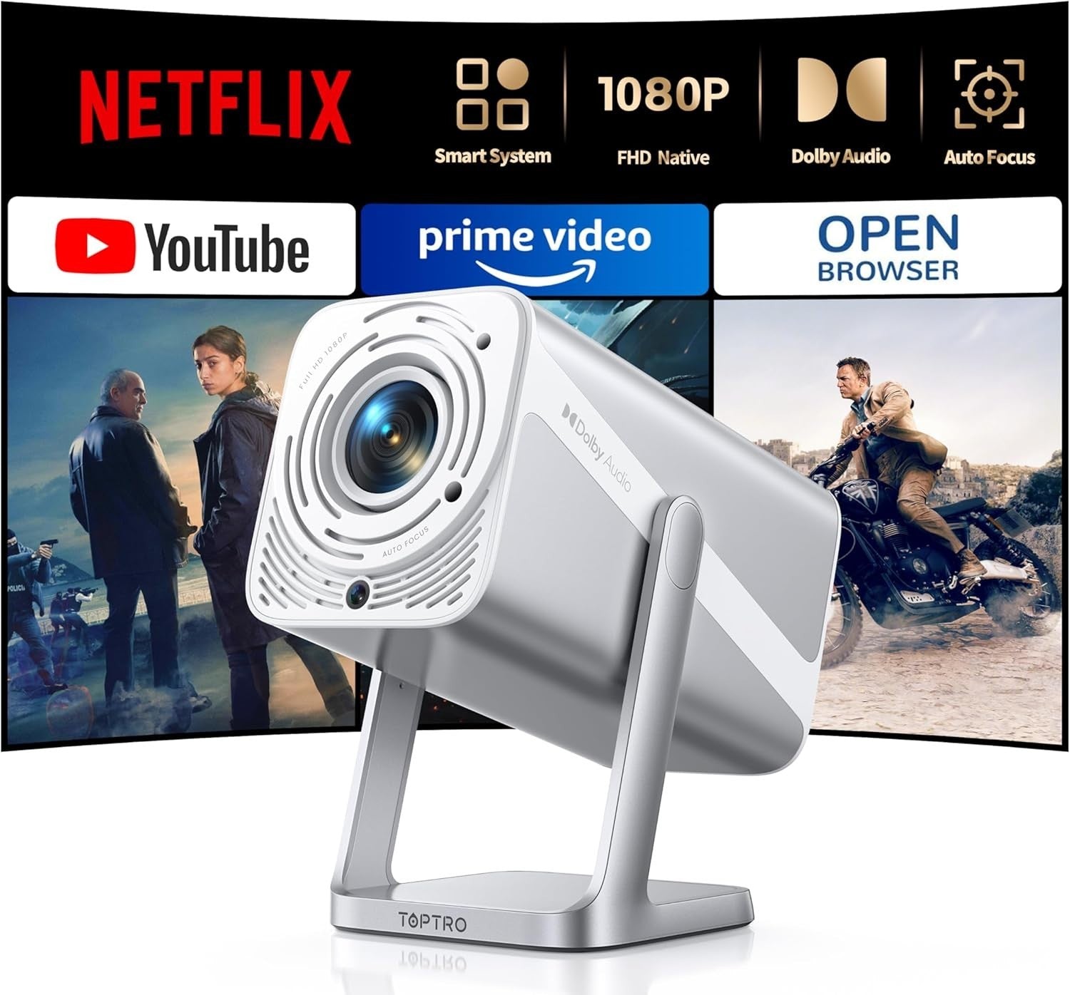 Smart 1080P Projector WiFi 6 Bluetooth Dolby 360° Auto Focus 4K
