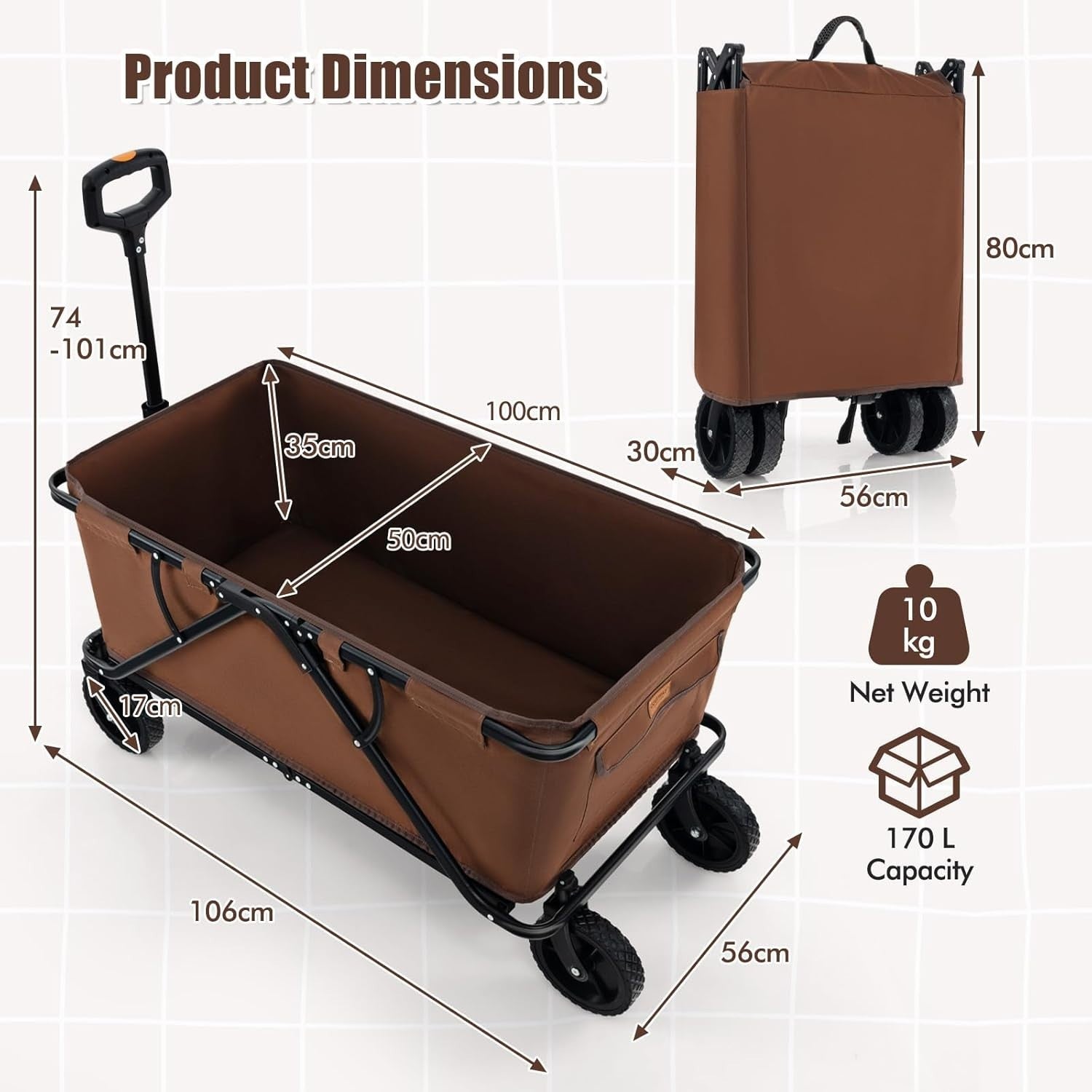 Brown Folding Camping Wagon 170L Heavy Duty Collapsible Garden Cart w/ Handle