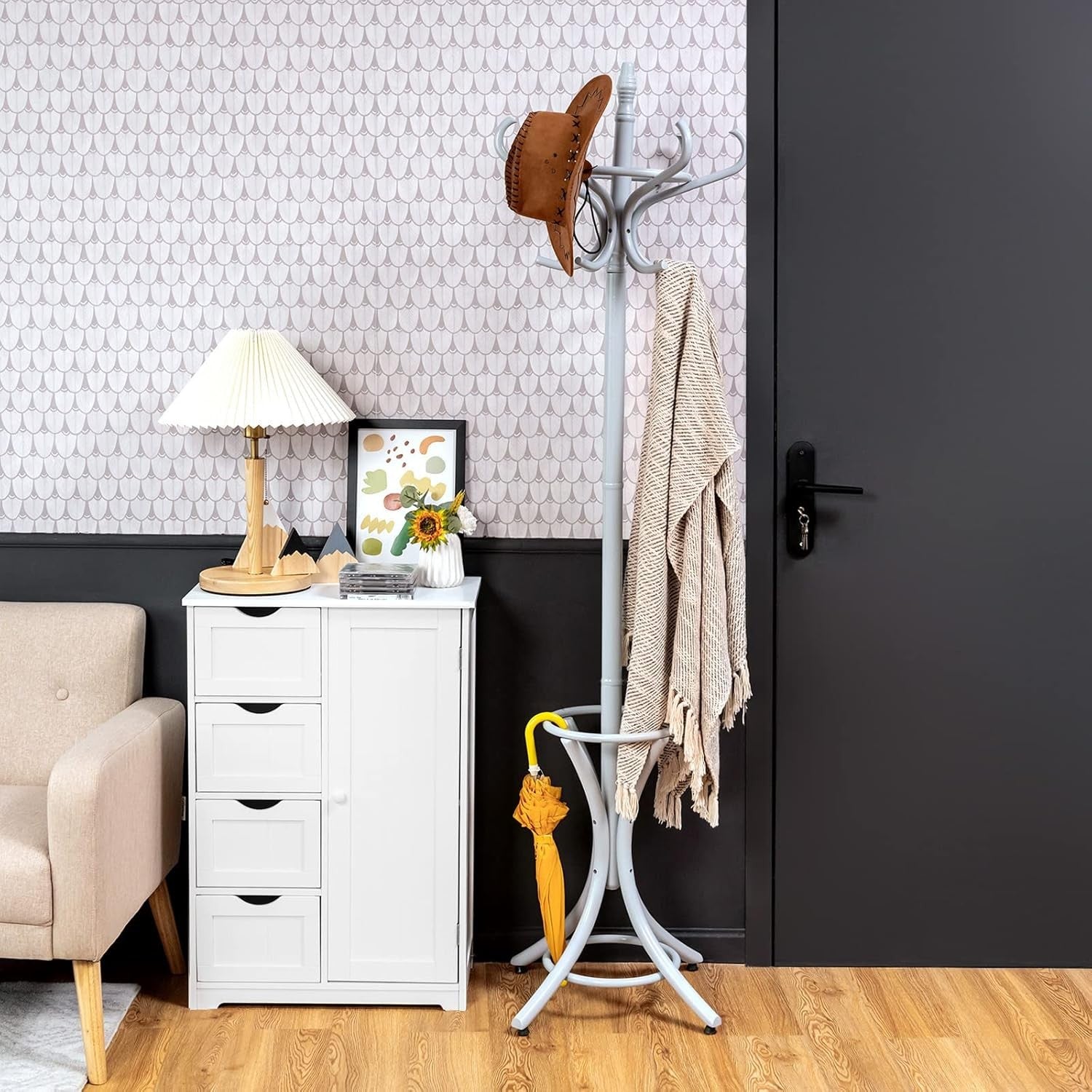 12 Hook Wooden Coat Rack with Umbrella Holder – Freestanding Grey Hall Tree Stan