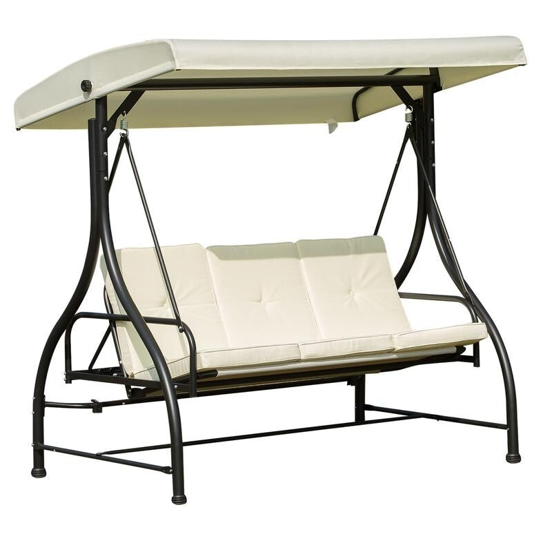 3 Seater Garden Swing Chair with Canopy & Cushions – Beige/Black Hammock