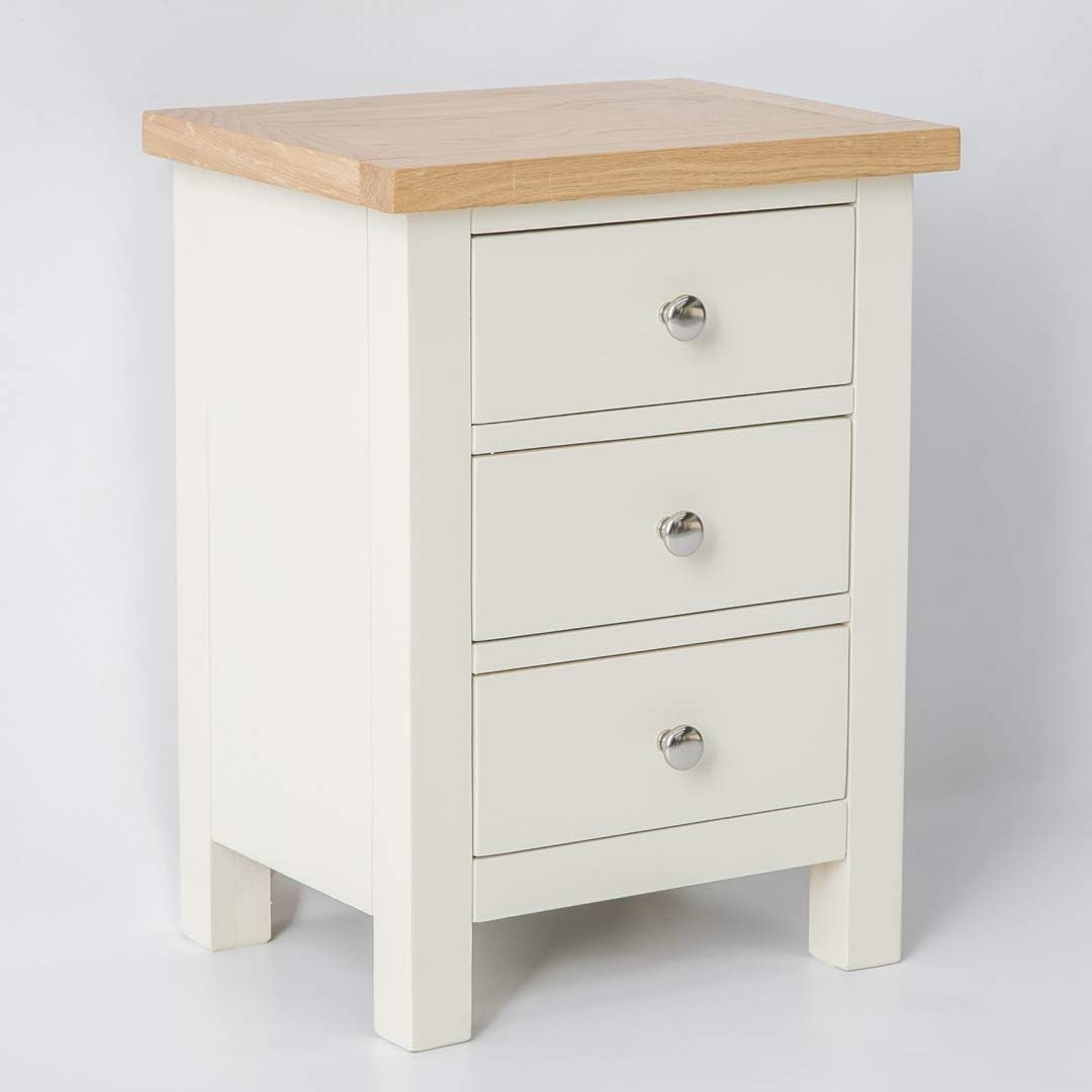 Cream 3 Drawer Bedside Table with Solid Oak Top Fully Assembled 42x32x56cm
