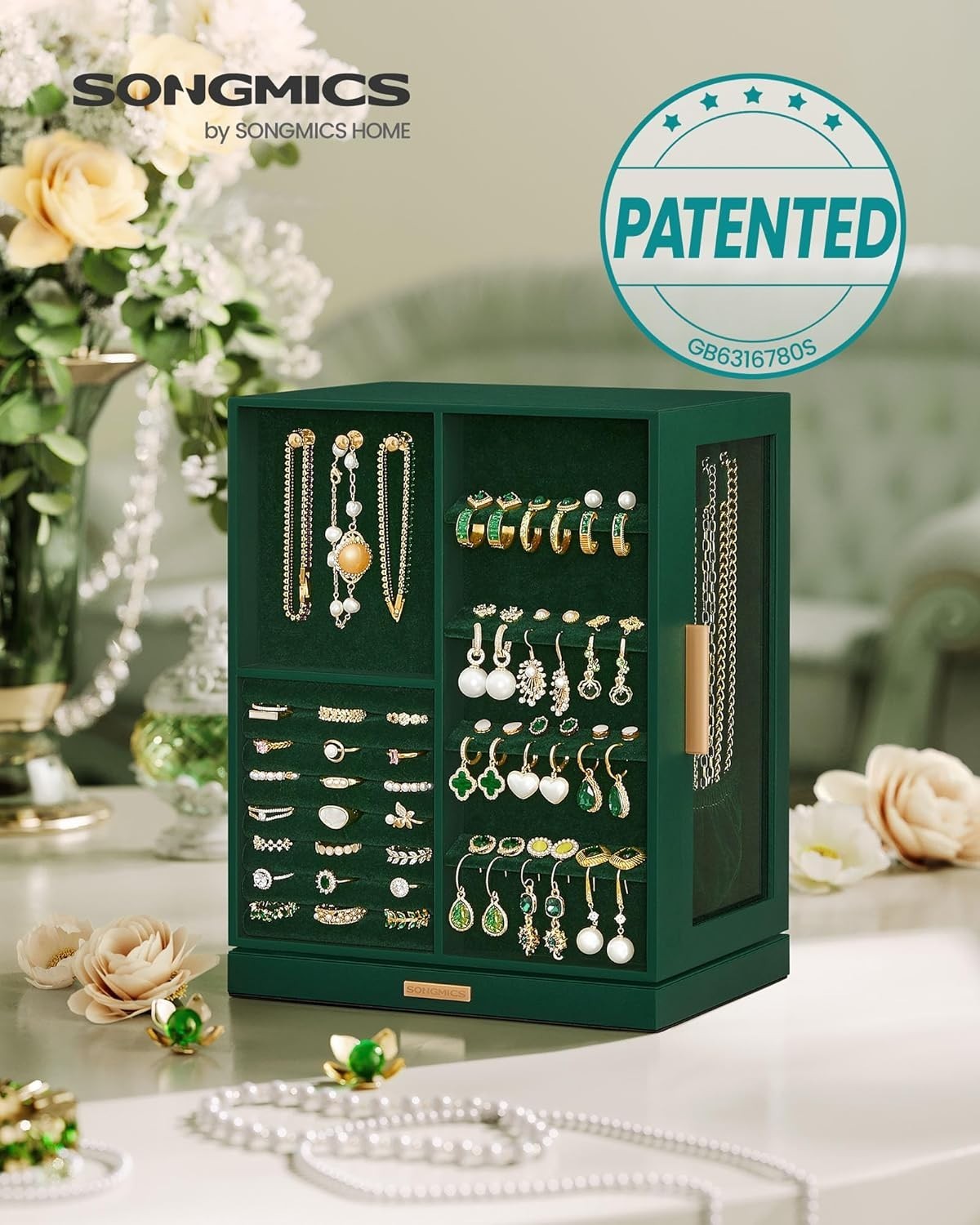 Forest Green Rotating Jewellery Box 360° Vertical Organizer with Drawers
