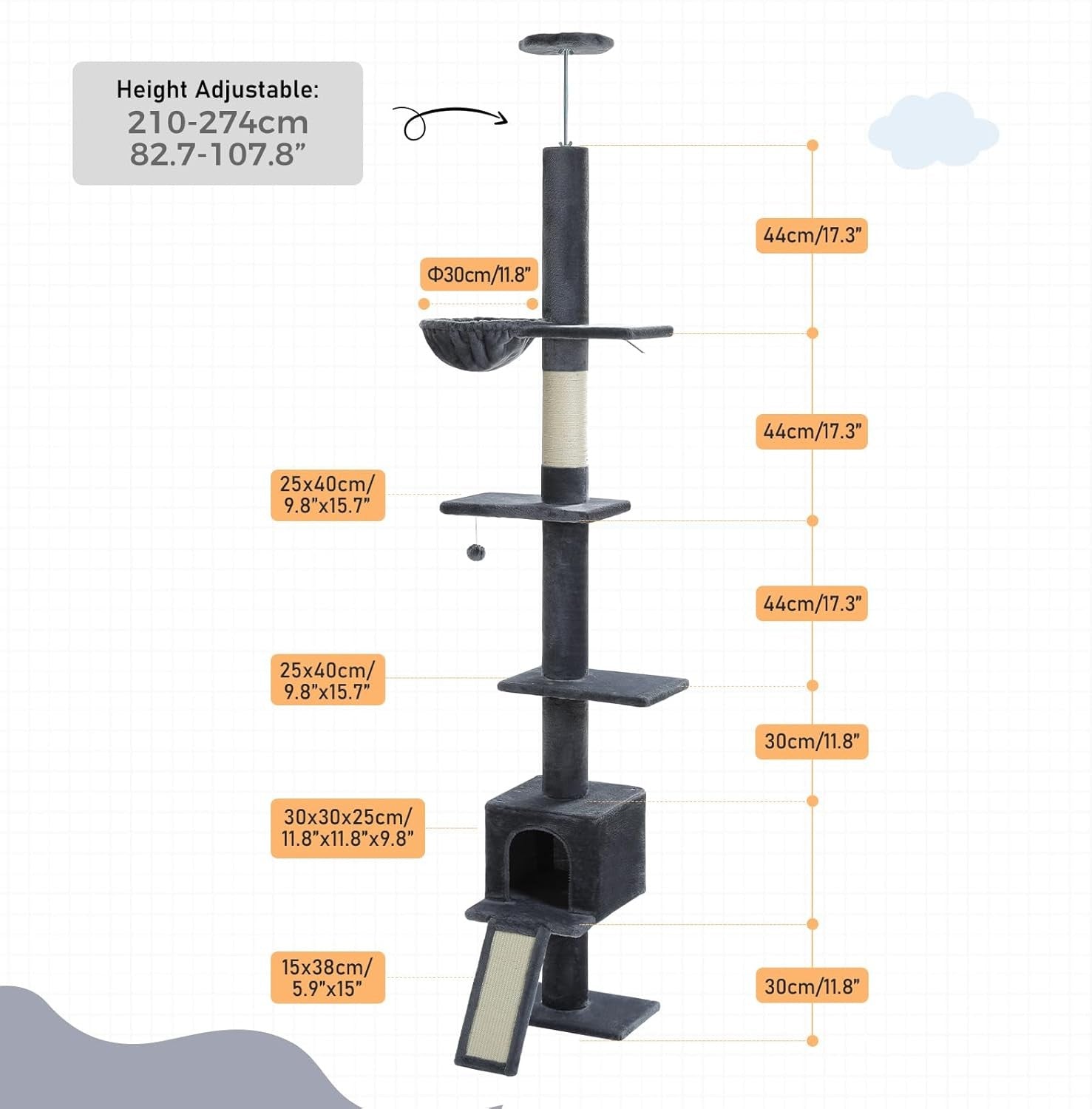 Floor to Ceiling Cat Tree Adjustable 216–273cm Tower Condo Hammock