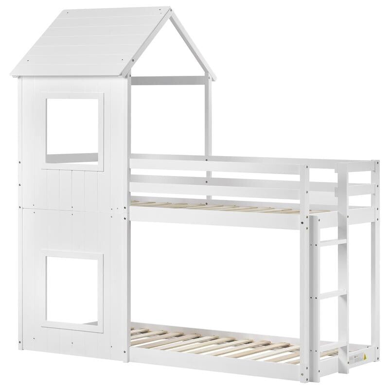 Kids Bunk Bed with Treehouse Canopy 3FT White Cabin Frame Mid Sleeper Ladder