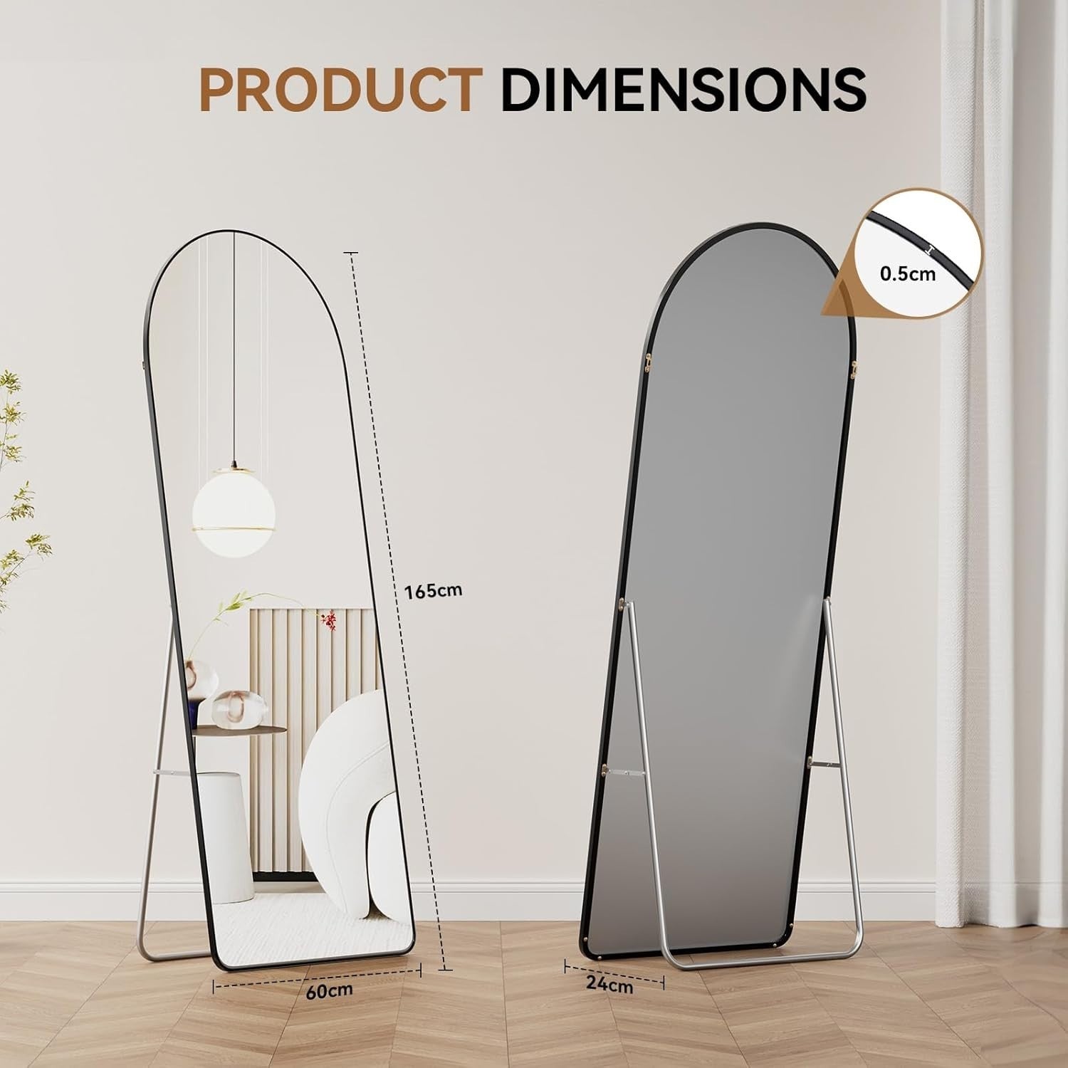 Large Arch Floor Mirror 165x60cm Leaning Full Body Wall Mirror Black Frame