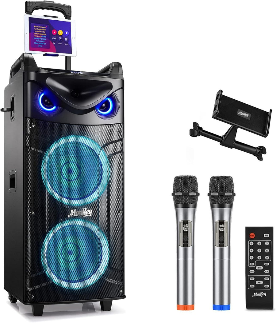 Portable Karaoke Speaker 10" Double Woofer 2 Wireless Mics