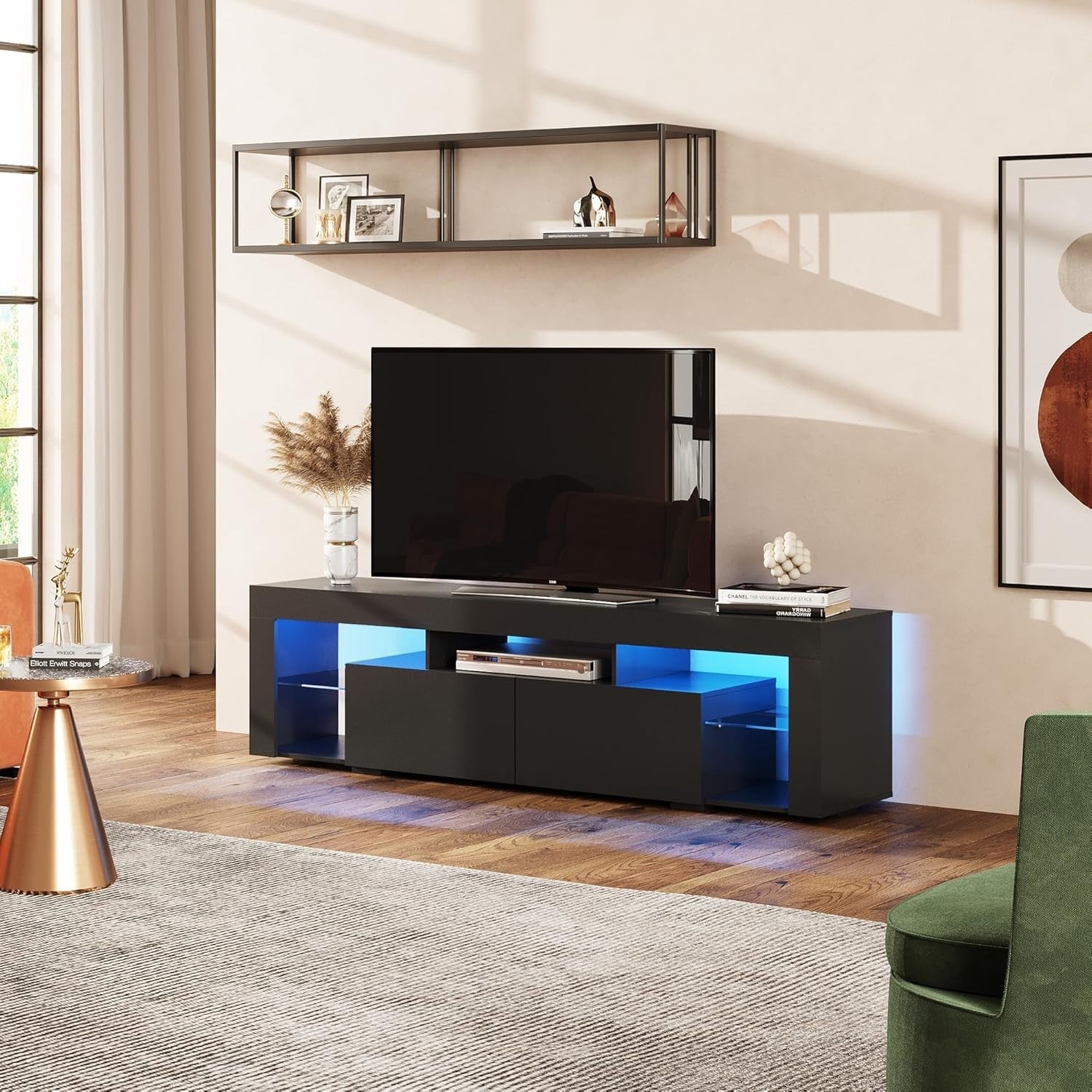 160cm White TV Unit Stand with RGB, Storage Drawers & Shelves, 75" Fit - Black