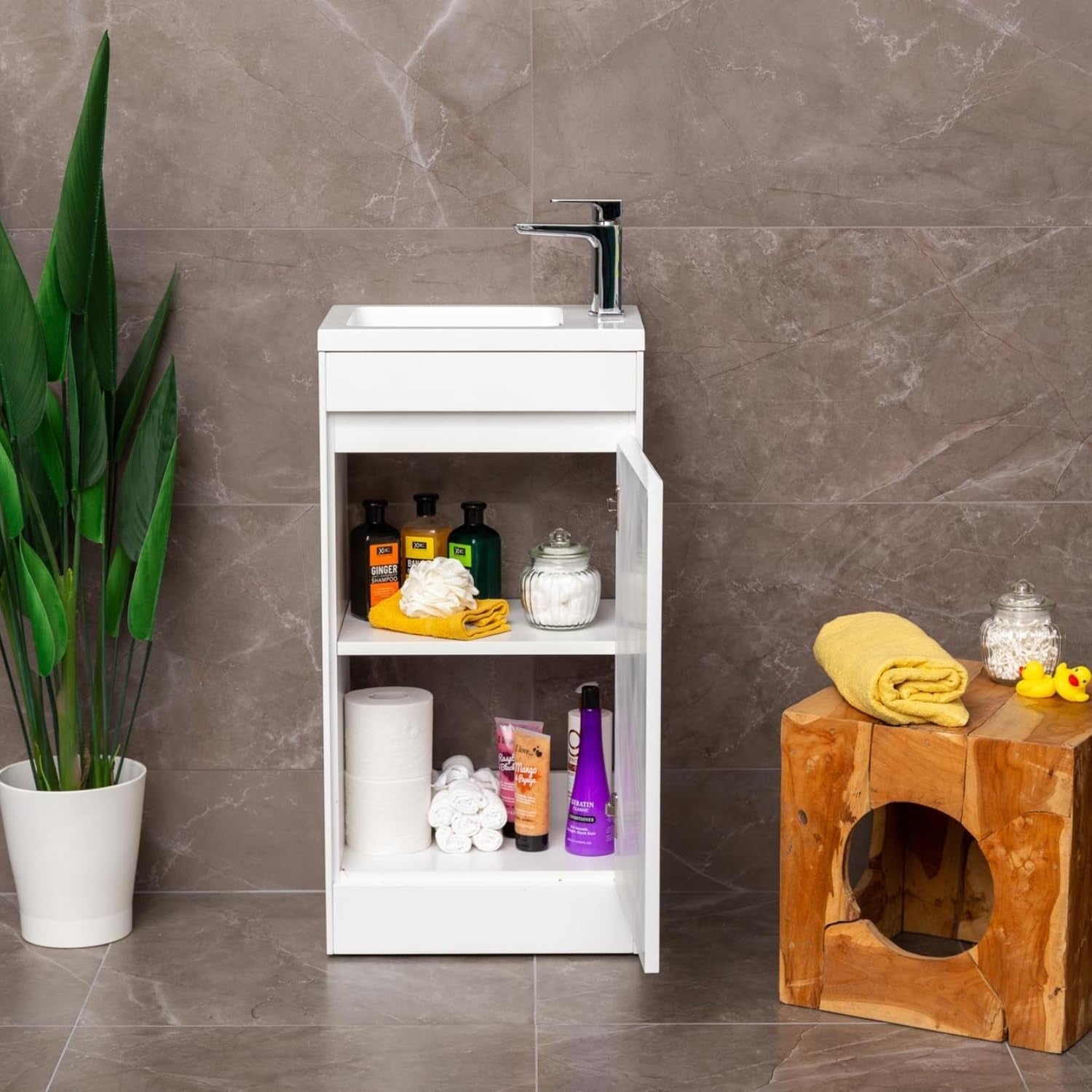 Ochil Gloss White Floor Standing Cloakroom Vanity Unit Polymarble Basin Sink Sof