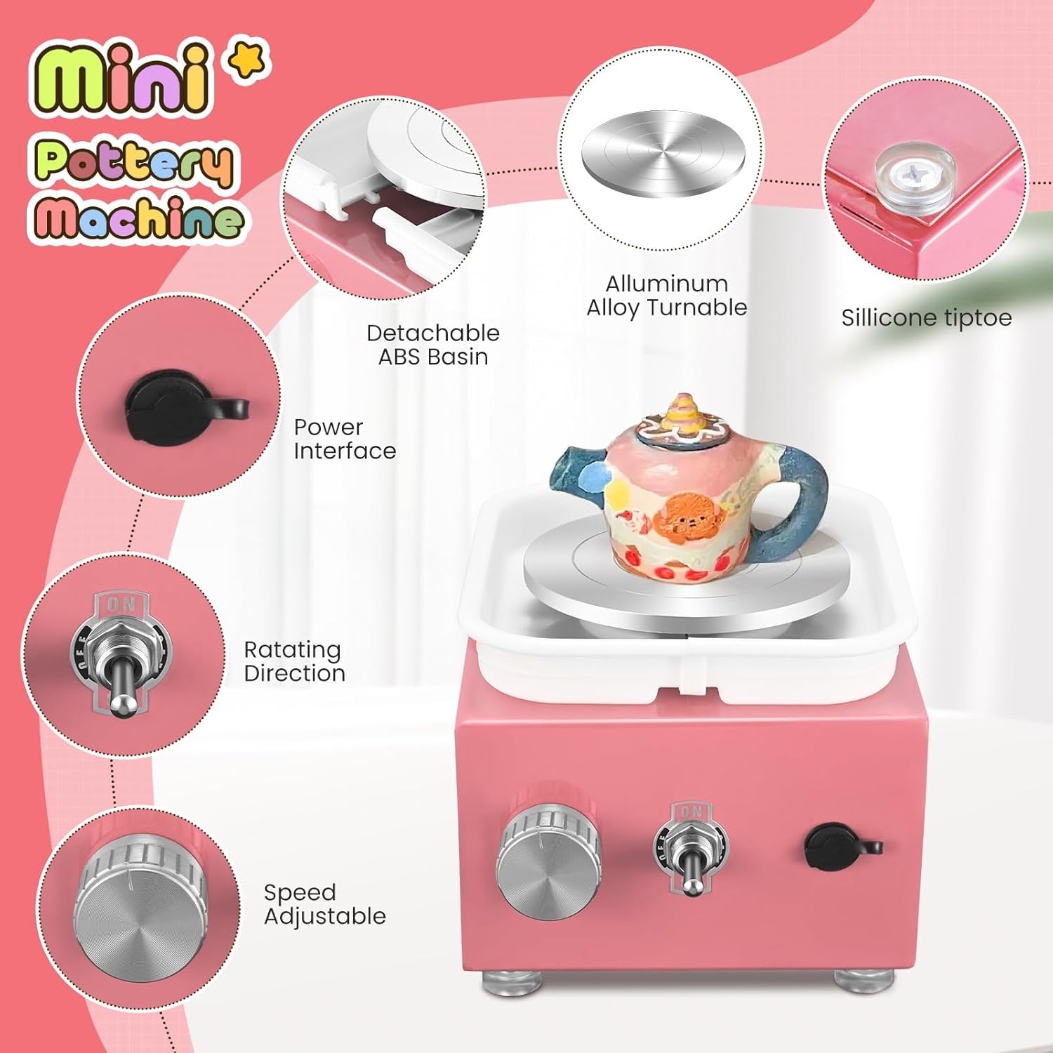 Mini Electric Pottery Wheel Adjustable Speed 2000RPM Kids DIY Ceramic Tool