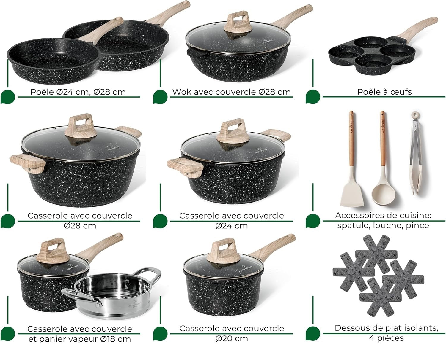 21Pcs Black Non-Stick Granite Cookware Set Induction Ready Pots & Pans