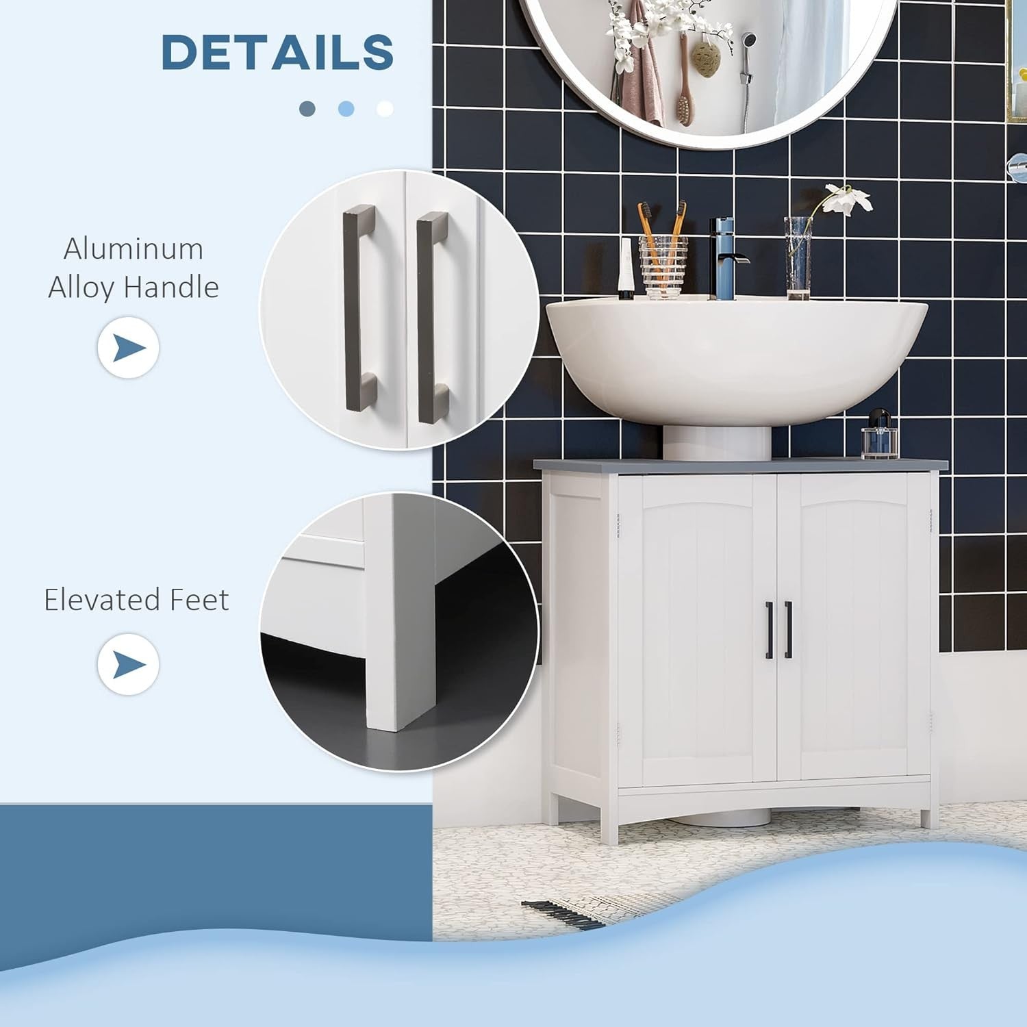 White Under Sink Bathroom Cabinet with Adjustable Shelves & Double Doors