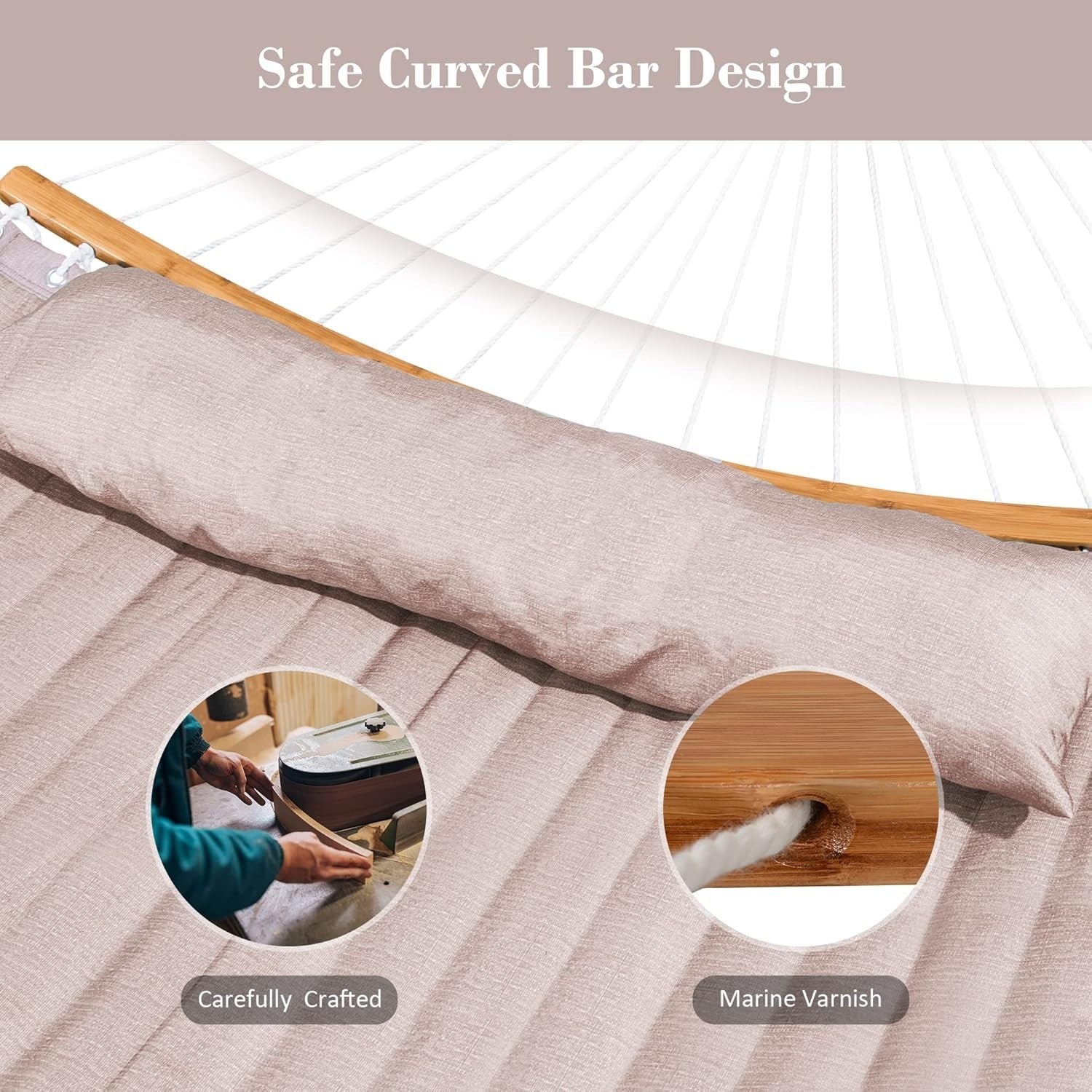 Luxury Quilted Double Hammock with Curved Bamboo Bar & Pillow – 450lbs