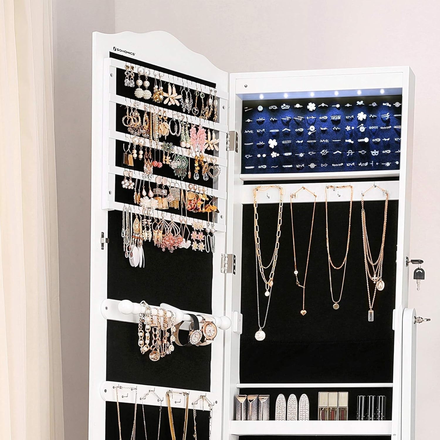 LED Rolling Jewelry Cabinet Lockable Full Length Mirror Storage White
