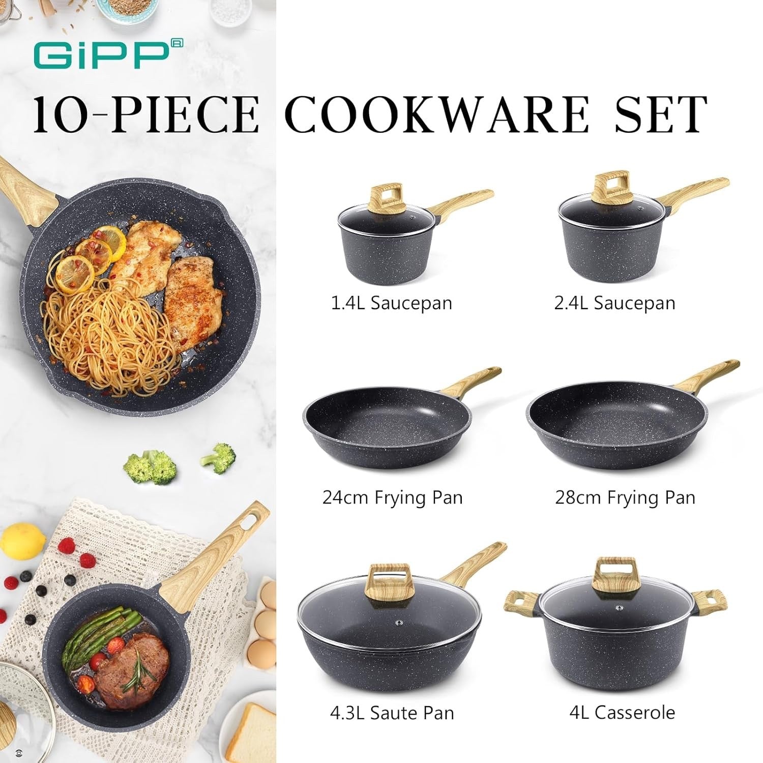 10pcs Grey Granite Non Stick Induction Safe Cookware Set Ceramic Pots Pans