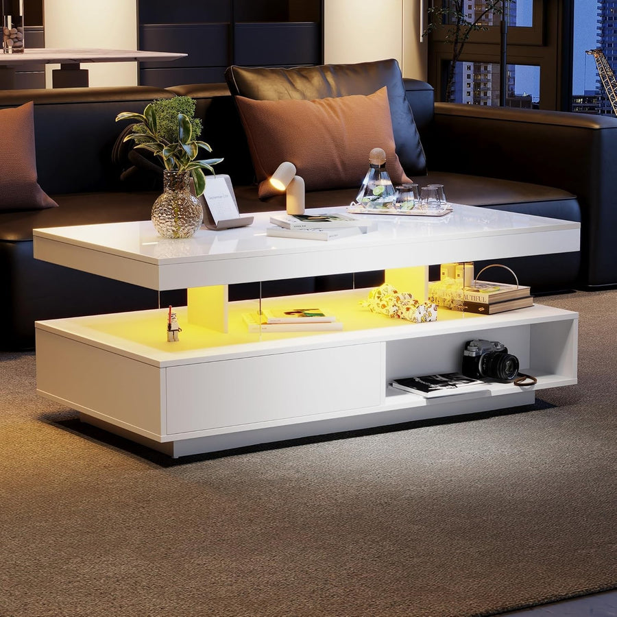 Modern High Gloss Coffee Table with 2 Drawers & Bluetooth LED, 95x50x42.5cm